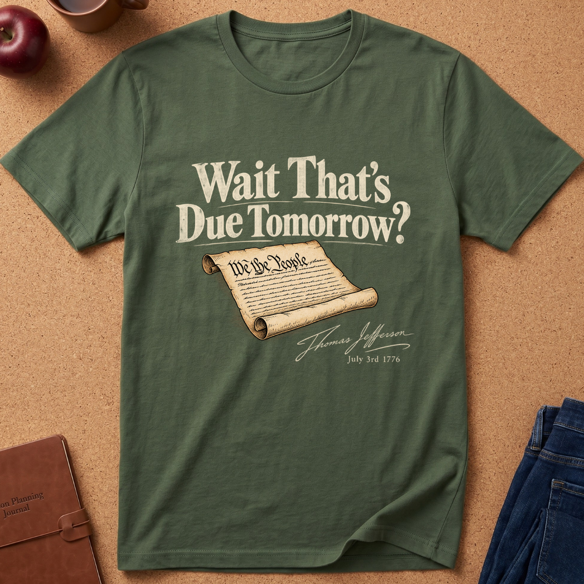 An olive green graphic t-shirt laid flat on a cork background, featuring a white text print that reads 'Wait That's Due Tomorrow?' above a scroll graphic with 'We the People' and a signature reading 'Thomas Jefferson July 4th 1776'.
