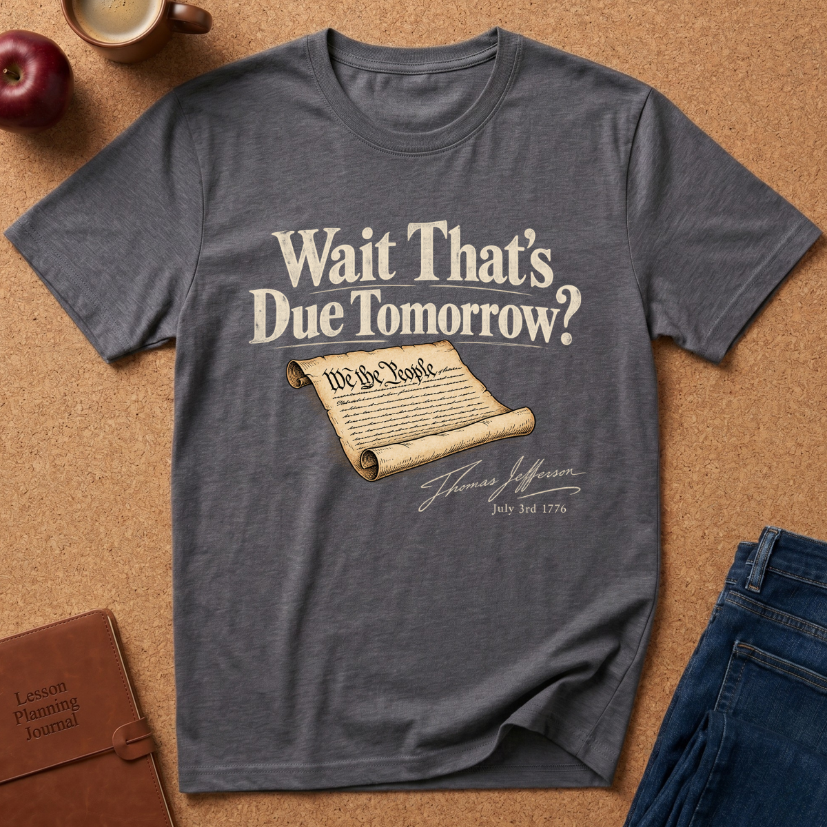 A dark heather gray graphic t-shirt laid flat on a cork background, featuring a vintage-style print that reads 'Wait That's Due Tomorrow?' above a scroll graphic with 'We the People' and Thomas Jefferson's signature. Styled flat-lay props include an apple, coffee cup, leather journal, and blue jeans.