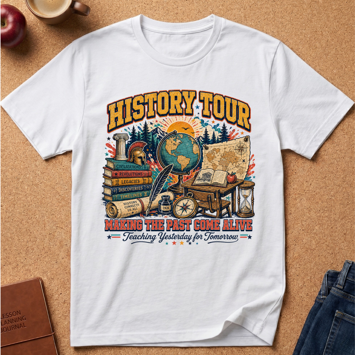 A white short-sleeve graphic T-shirt laid flat on a cork background, featuring a colorful vintage-style educational illustration with the text 'HISTORY TOUR' and 'Making the past come alive Teaching Yesterday for Tomorrow.' Surrounding props include an apple, a coffee cup, a book, and folded jeans.