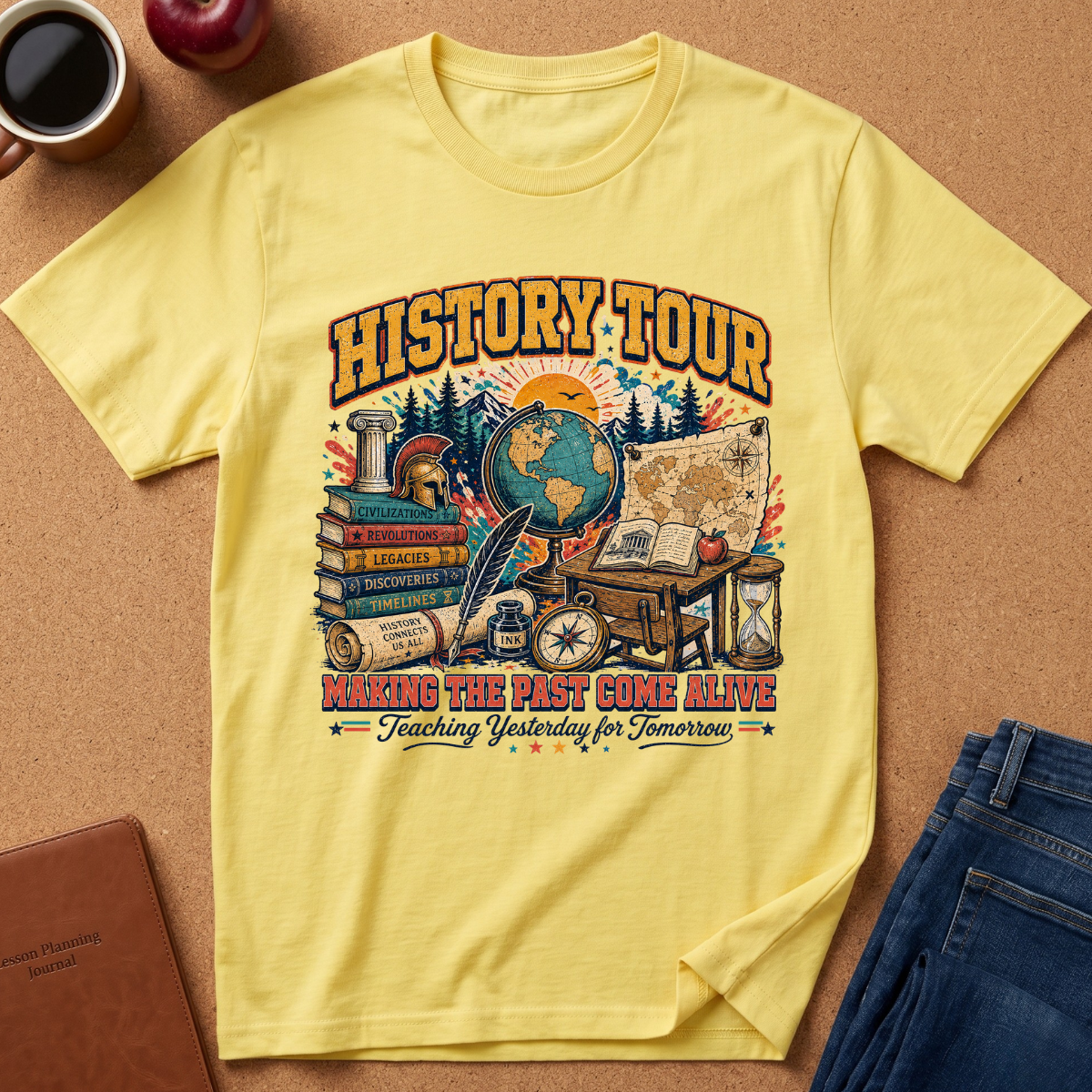 A yellow short-sleeve graphic T-shirt laid flat on a cork surface, surrounded by lifestyle props including a coffee mug, apple, notebook, and blue jeans. The shirt features a large vintage-style educational travel graphic with the text 'HISTORY-TOUR' and 'Making the past come alive Teaching Yesterday for Tomorrow.