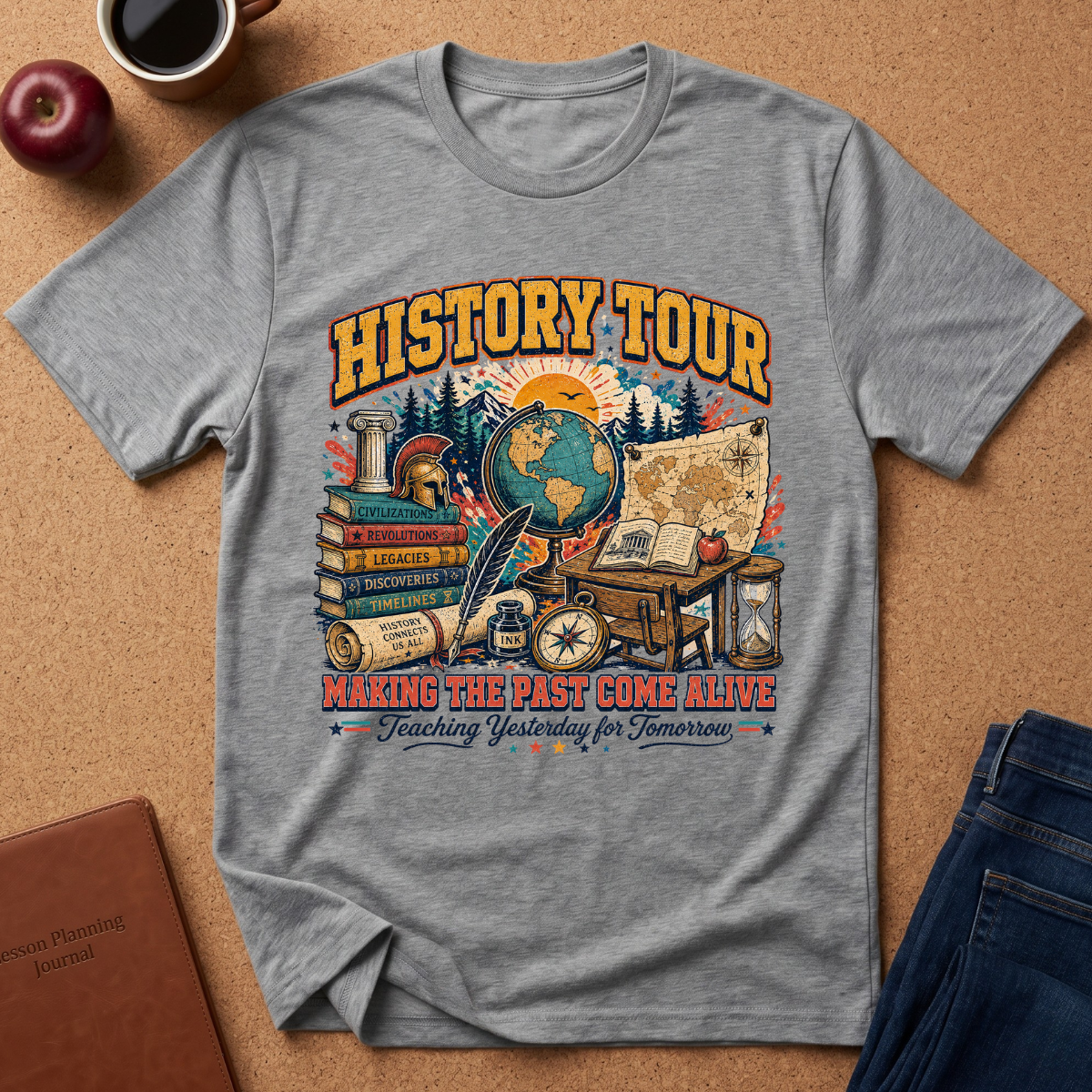 A heather gray short-sleeve t-shirt with a colorful 'History Tour' graphic print, laid flat on a cork background with lifestyle props including an apple, coffee cup, notebook, and jeans.