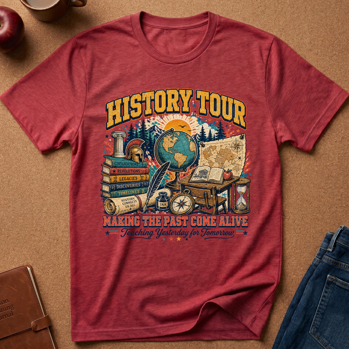 A heathered red short-sleeve t-shirt with a vintage-style educational graphic reading 'HISTORY TOUR' and 'MAKING THE PAST COME ALIVE Teaching Yesterday for Tomorrow,' styled flat on a brown cork background with partial jeans and an apple visible around it.