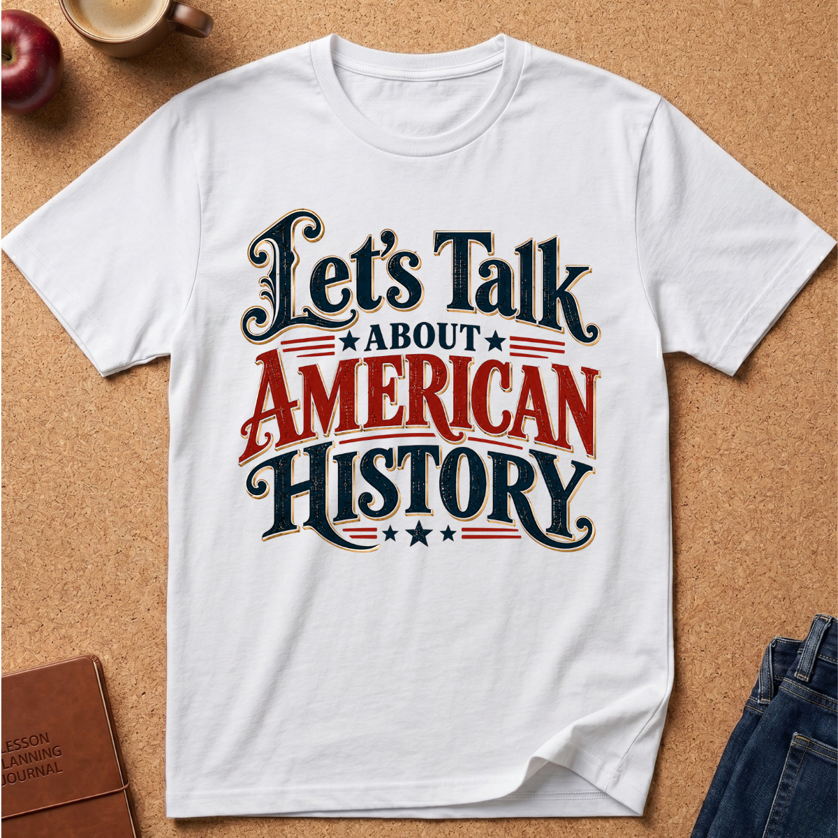 A white short-sleeve graphic T-shirt laid flat on a cork background, with the text 'Let's Talk About American History' in dark navy and red lettering. Partial props are visible around the edges, including an apple, a cup, a journal, and folded blue jeans.