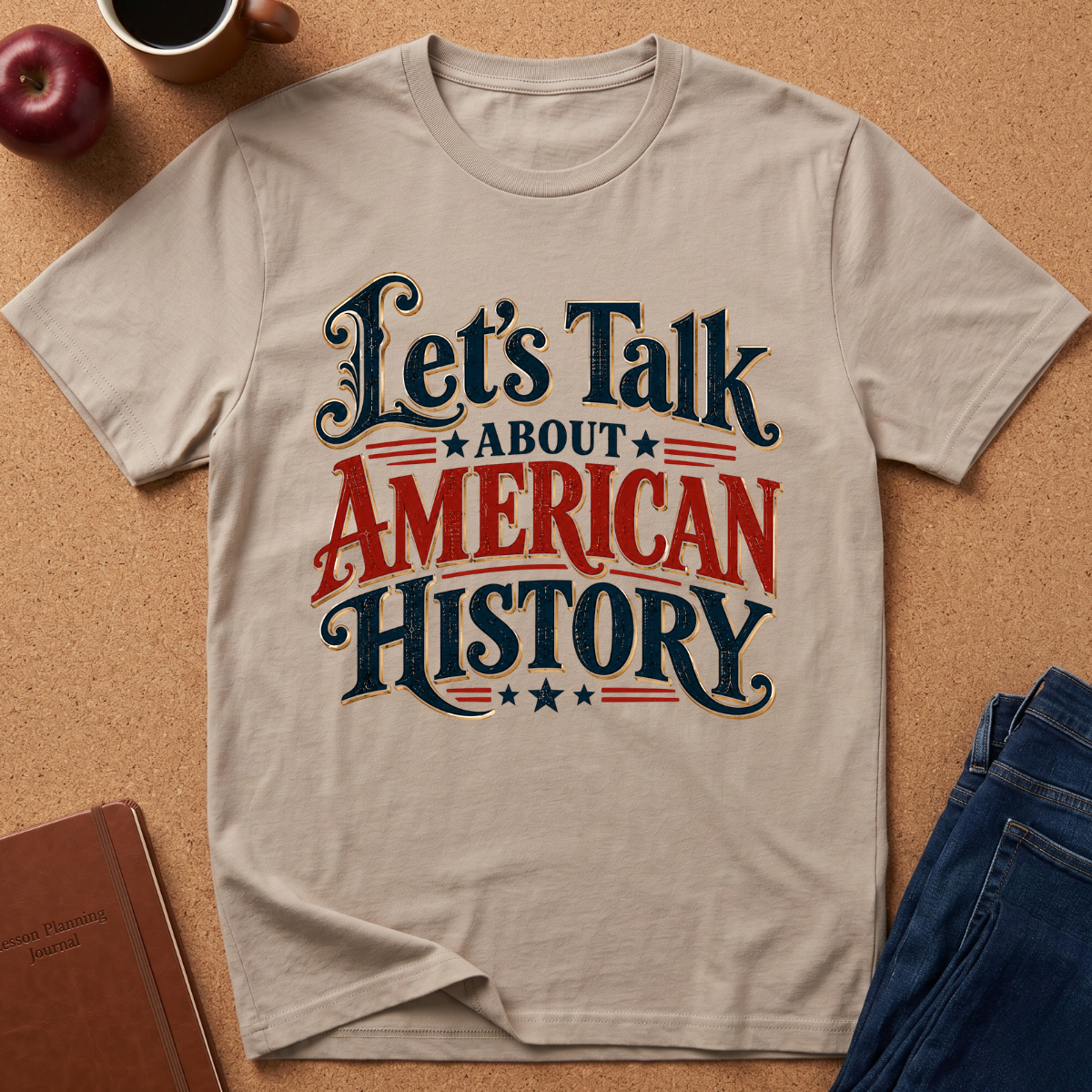 A beige graphic t-shirt laid flat on a cork background, featuring the text 'Let's Talk About American History' in a stylized navy and red font. The shirt is styled with a coffee mug, an apple, a notebook, and blue jeans.