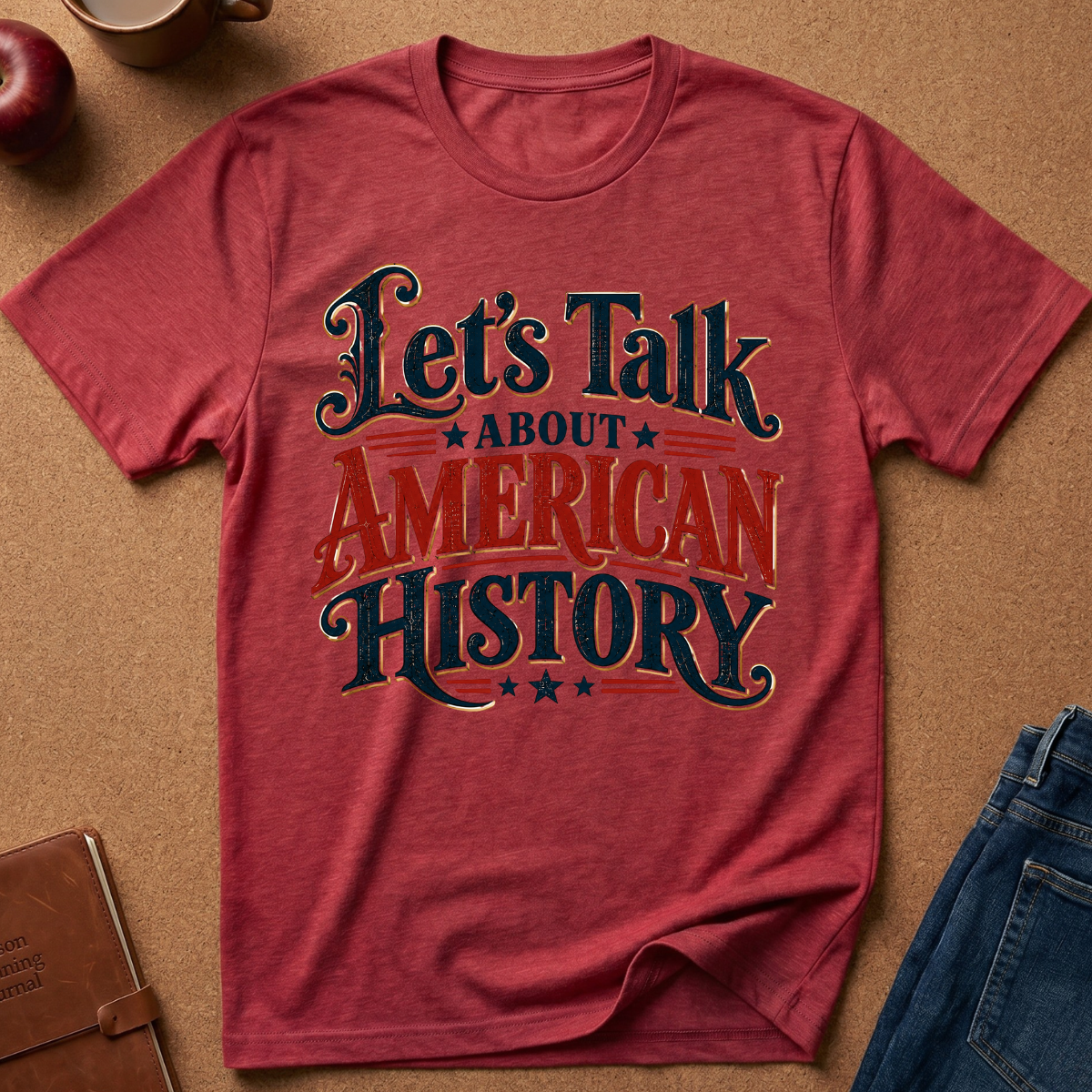 A heathered red short-sleeve t-shirt with a vintage-style graphic reading 'Let's Talk About American History' in dark blue and red lettering, styled in a flat-lay on a brown textured background with partial props including jeans, a notebook, a mug, and an apple.