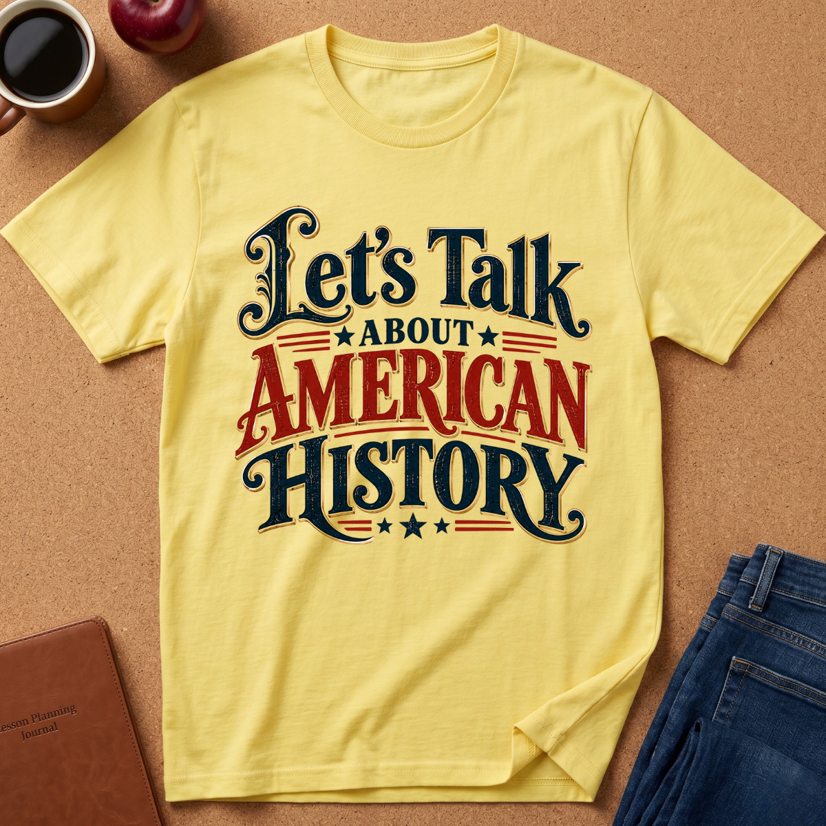A yellow short-sleeve graphic T-shirt laid flat on a cork surface, with the text 'Let's Talk About American History' in dark blue and red lettering. Surrounding props include a cup of coffee, an apple, a notebook, and folded blue jeans.