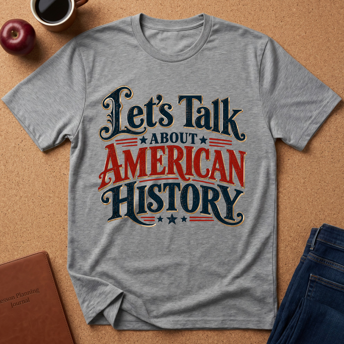 A heather gray graphic t-shirt laid flat on a cork background, featuring the text 'Let's Talk About American History' in a stylized navy and red font. The shirt is styled with a coffee mug, apple, notebook, and jeans around it.