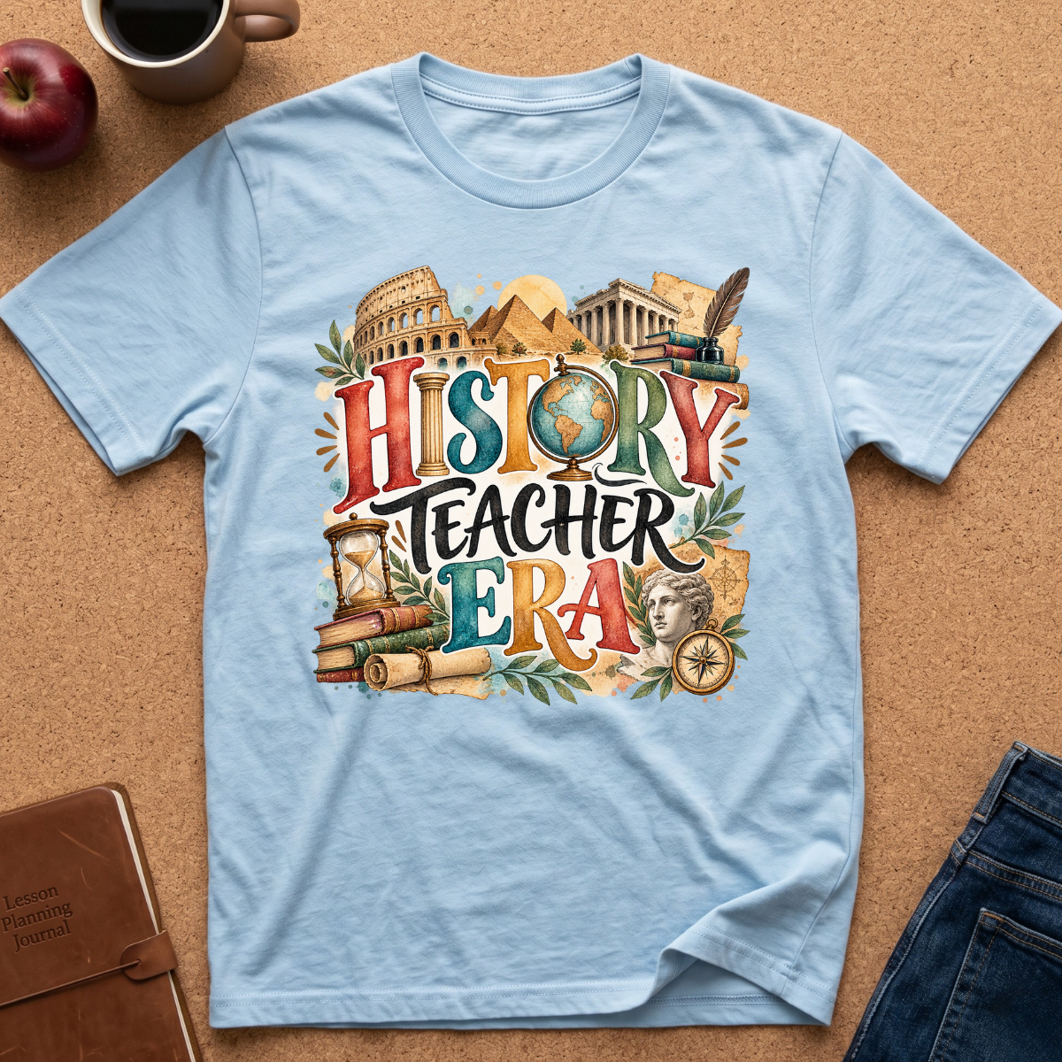 A light blue short-sleeve t-shirt laid flat on a cork surface, featuring a colorful graphic that reads 'HISTORY TEACHER ERA' with illustrations of landmarks, books, scrolls, and a globe. A red apple, coffee mug, notebook, and jeans are partially visible around it as styling props.