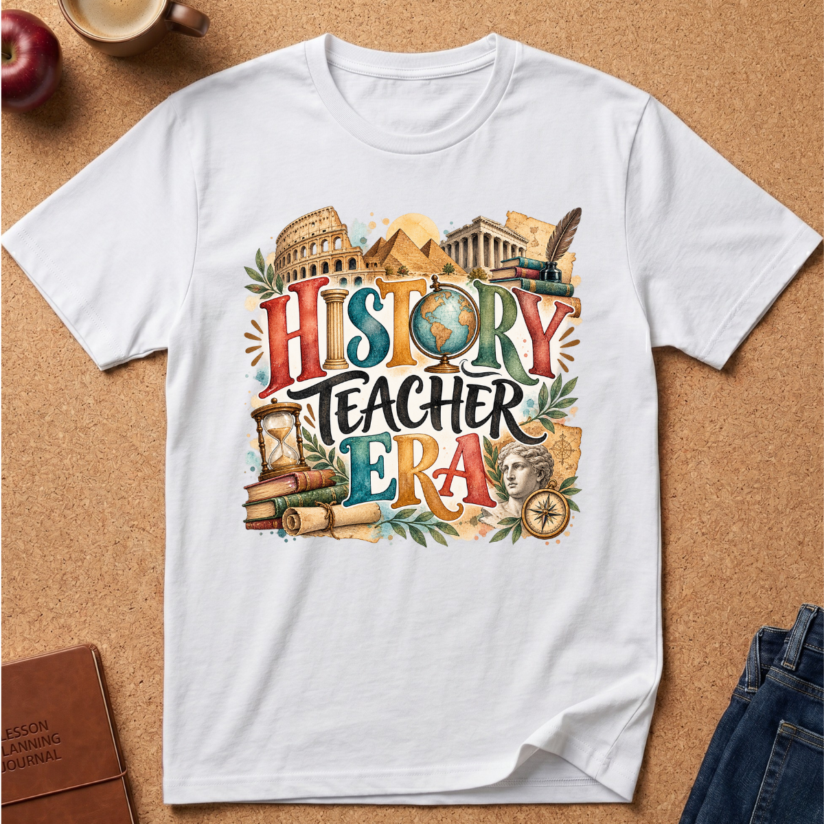 A white short-sleeve graphic T-shirt laid flat on a cork surface, featuring a colorful educational design with the words “HISTORY TEACHER ERA” and illustrations of landmarks, books, scrolls, and a globe.