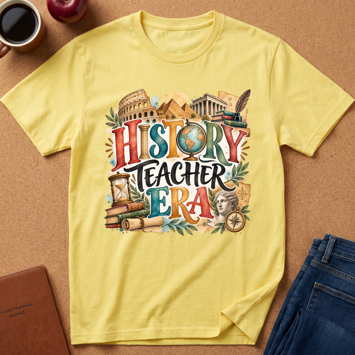 A yellow short-sleeve graphic T-shirt laid flat on a cork-like surface, surrounded by lifestyle props including a coffee mug, apple, notebook, and folded jeans. The shirt features a colorful retro-style 'HISTORY TEACHER ERA' print with illustrations of landmarks, books, a globe, and a classical bust.
