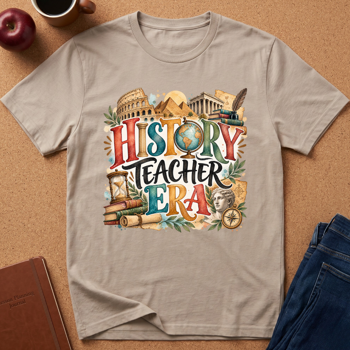A light beige graphic t-shirt laid flat on a cork background, featuring a colorful 'HISTORY TEACHER ERA' design with illustrations of the Colosseum, pyramids, an ancient library, books, a globe, and a classical bust. Styled flat-lay props include an apple, a coffee cup, a notebook, and blue jeans.
