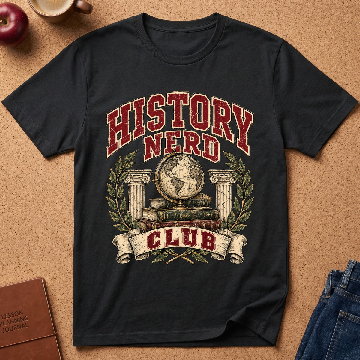 A black graphic t-shirt laid flat on a cork background, featuring a vintage-style 'HISTORY NERD CLUB' print with columns, books, a globe, and laurel leaves. Styled flat-lay props include an apple, a coffee cup, a journal, and blue jeans.