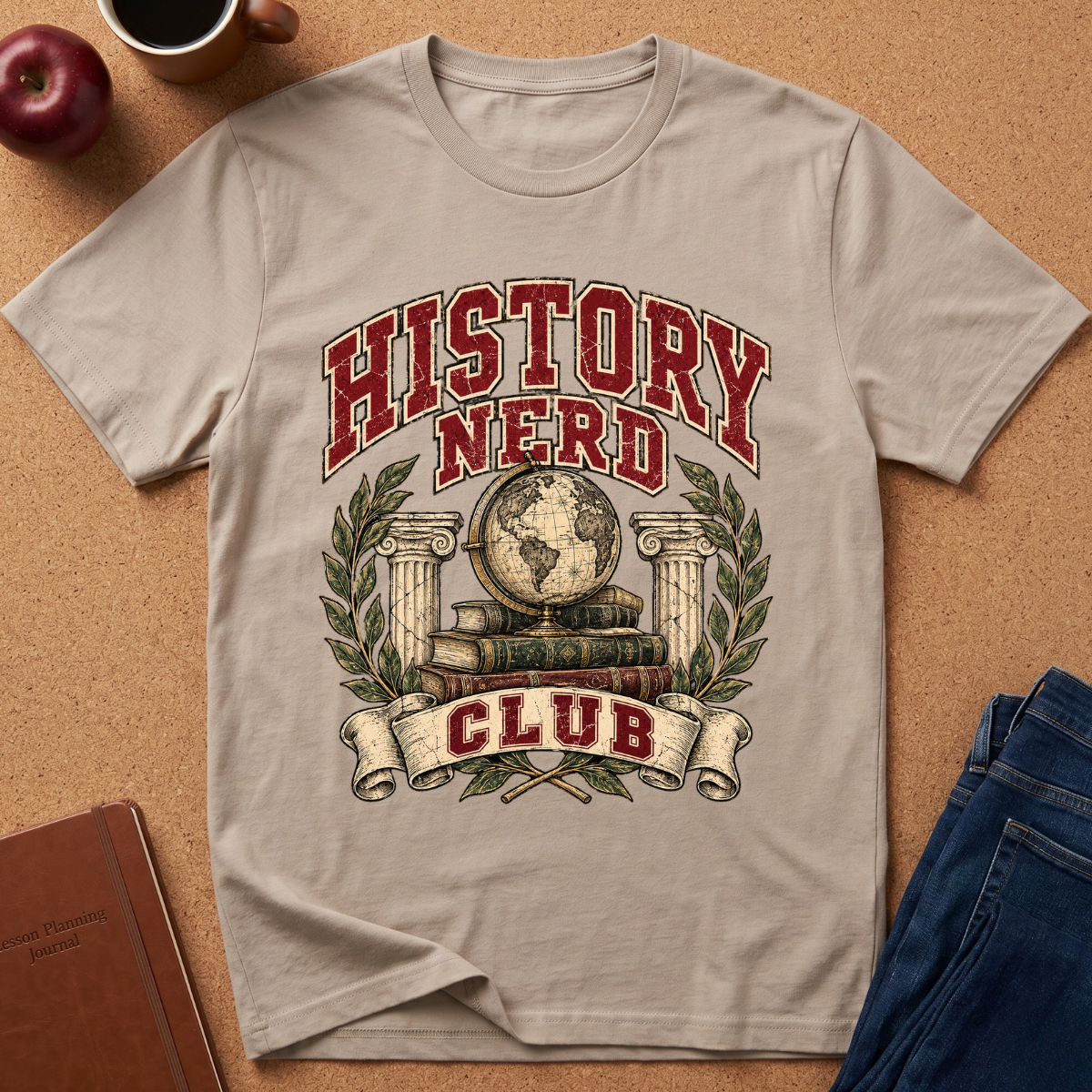 A light beige graphic t-shirt laid flat on a cork background, featuring a vintage-style red and green 'HISTORY NERD CLUB' print with books, a globe, and columns. Lifestyle props including an apple, coffee cup, notebook, and jeans are visible around the shirt.