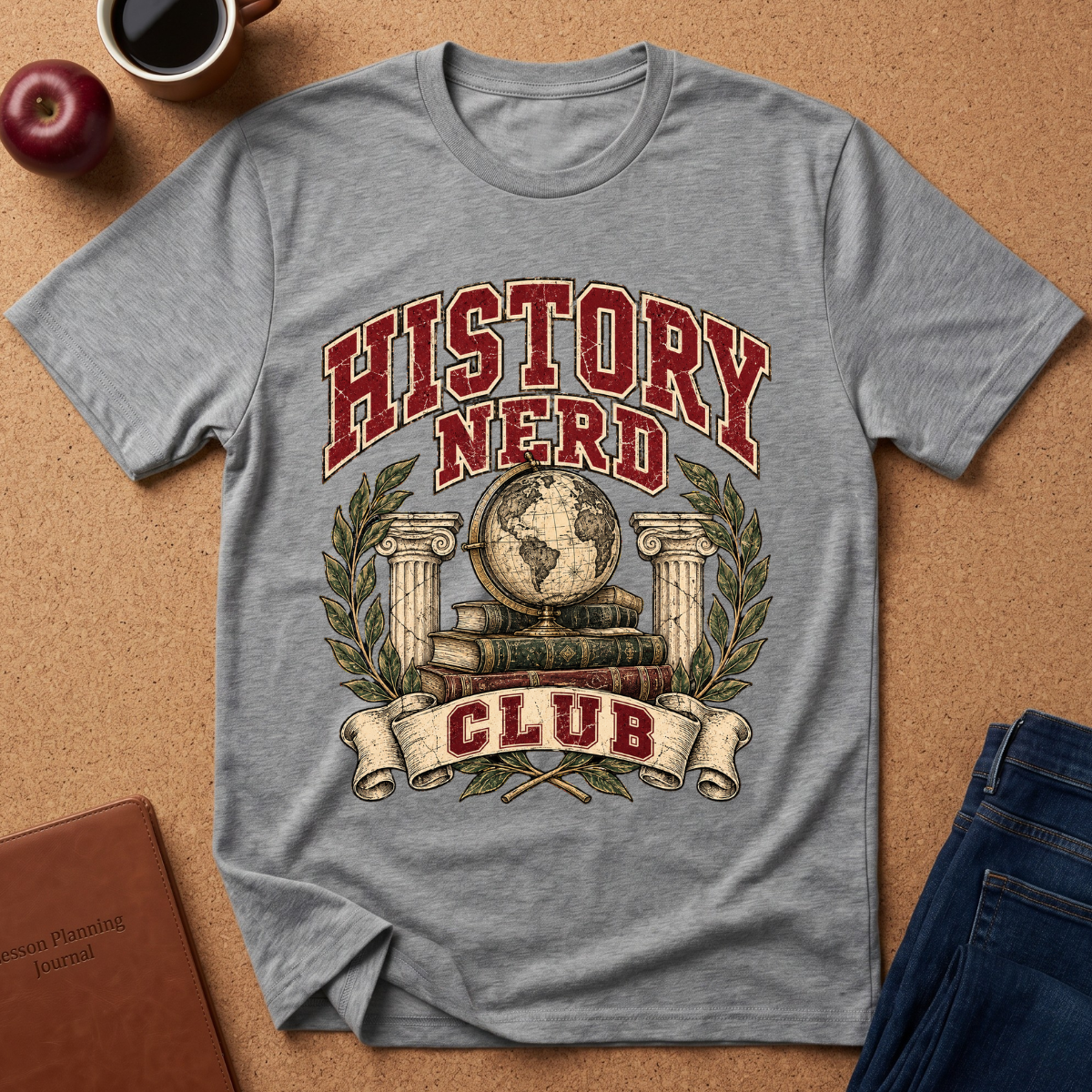 A heather gray graphic t-shirt laid flat on a cork background, featuring a vintage-style 'HISTORY NERD CLUB' print with books, a globe, and columns. Styled flat-lay props include a coffee cup, apple, notebook, and jeans.