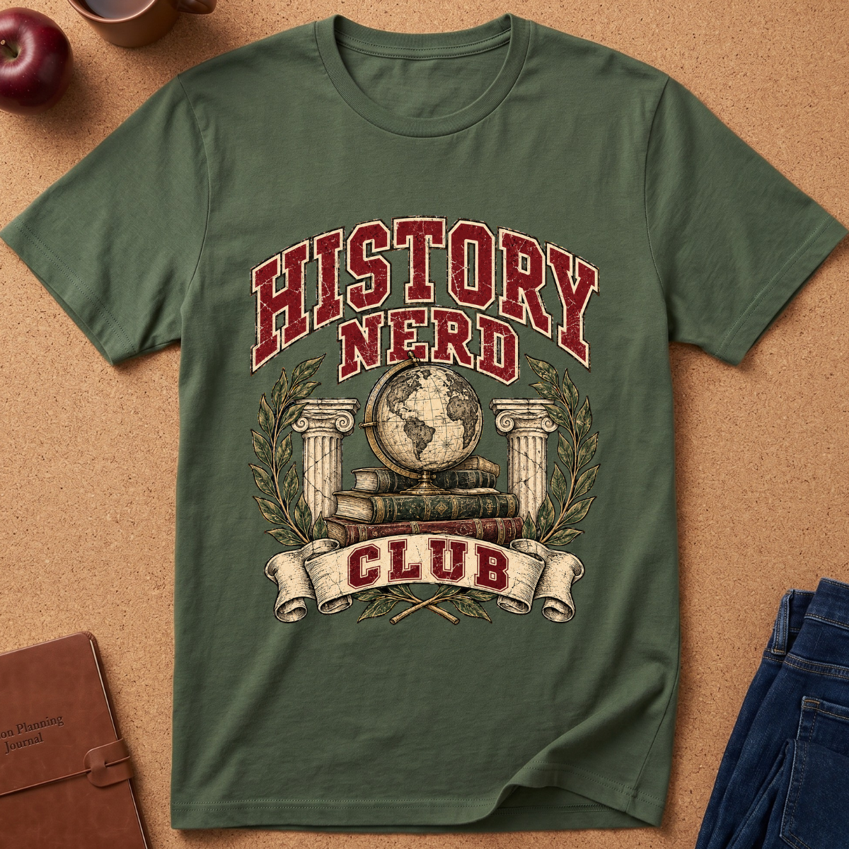 An olive green short-sleeve t-shirt with a vintage-style graphic reading 'HISTORY NERD CLUB' in red, featuring books, a globe, and columns, laid flat on a cork background with partial props visible at the edges.