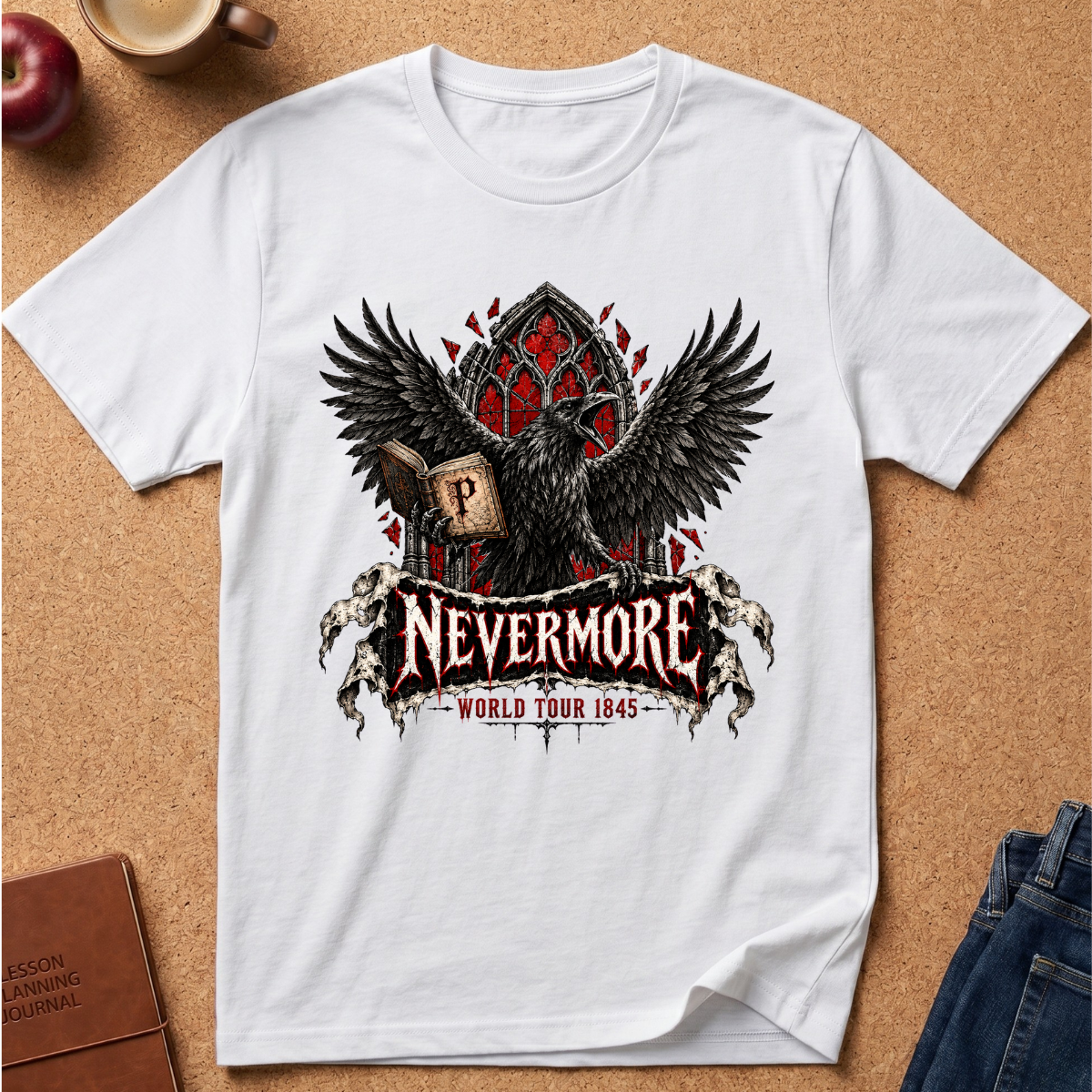 A white short-sleeve graphic T-shirt laid flat on a cork surface, featuring a large raven illustration with outstretched wings, red gothic architectural details, and the word 'Nevermore' in stylized lettering. Partial props including an apple, coffee cup, notebook, and jeans are visible around the shirt.