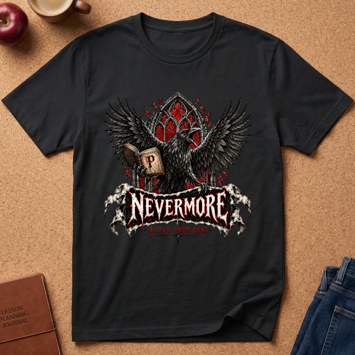 A black graphic t-shirt featuring a raven with outstretched wings holding a book with a 'P' on the cover, set against a red gothic arch and the word 'NEVERMORE' in a distressed banner. The shirt is displayed flat on a corkboard background with lifestyle props including an apple, a coffee cup, and jeans.