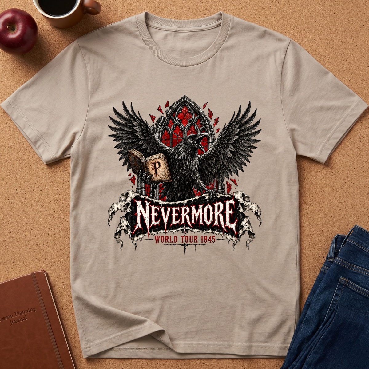 A beige crewneck t-shirt laid flat on a cork background, featuring a graphic of a raven with wings spread over a red gothic crest and the text 'NEVERMORE WORLD TOUR 1845'. Styled flat-lay props include an apple, a coffee cup, a notebook, and blue jeans.