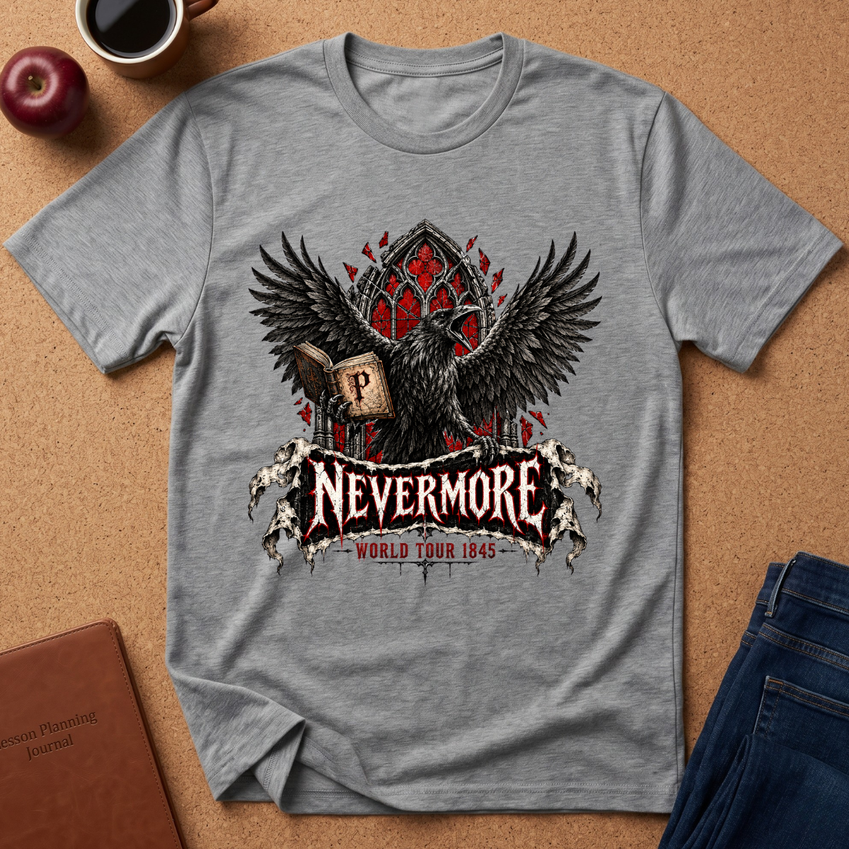 A heather gray short-sleeve t-shirt with a detailed graphic of a raven, a gothic arch, and the text 'NEVERMORE WORLD TOUR 1845' laid flat on a cork background with lifestyle props like an apple, coffee cup, and jeans.