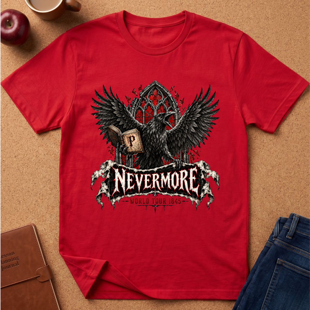 A red short-sleeve crewneck t-shirt featuring a graphic of a raven with outstretched wings, a book labeled 'P', and the word 'NEVERMORE' in a distressed banner. The shirt is laid flat on a cork background with lifestyle props including an apple, a mug, a notebook, and jeans.