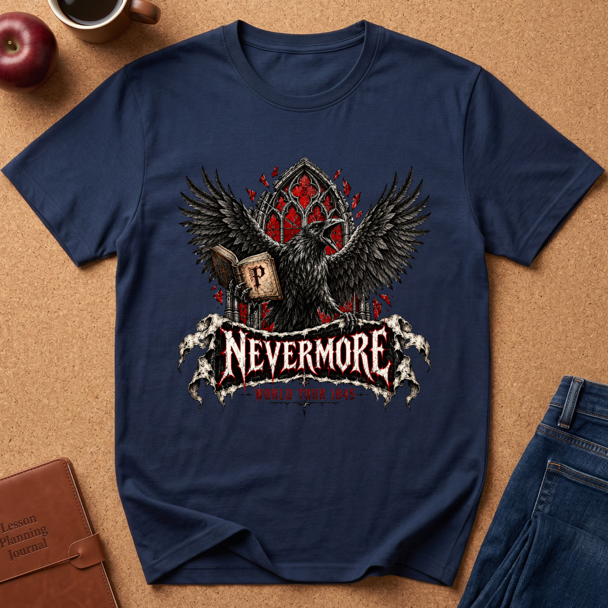 A navy blue graphic t-shirt featuring a raven holding a letter 'P' with the word 'NEVERMORE' and 'Hogwarts School of Witchcraft' printed below, styled in a flat-lay on a cork board with an apple, coffee cup, notebook, and jeans.