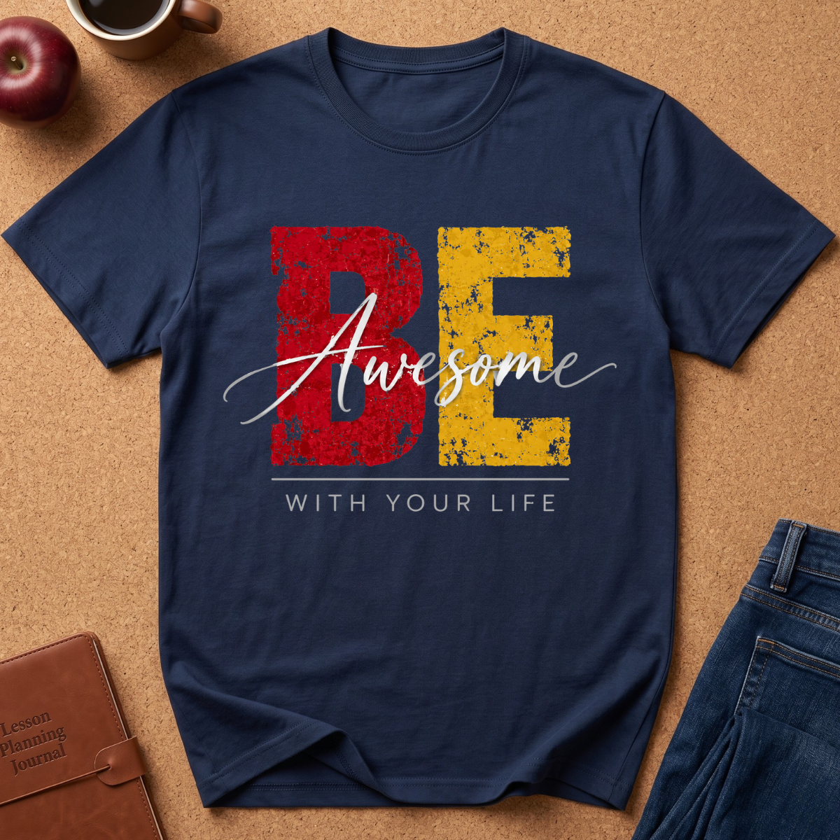 A navy blue graphic t-shirt laid flat on a cork board background, featuring a distressed red and yellow 'BE' with 'Awesome' in white script and 'WITH YOUR LIFE' underneath. Styled flat-lay props include an apple, a coffee mug, a leather journal, and blue jeans.