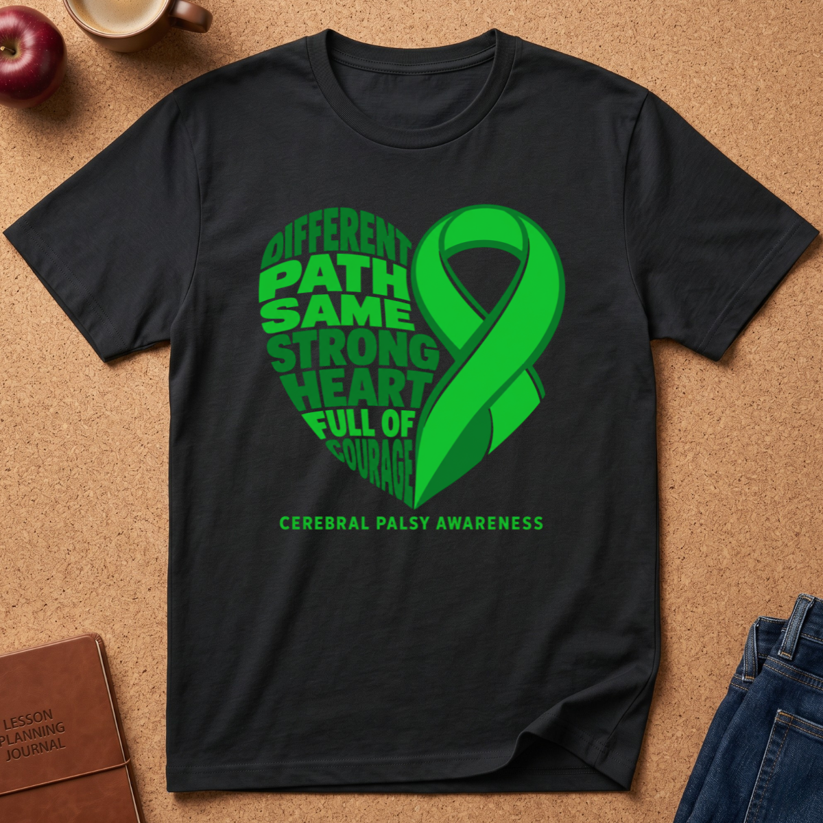 A black short-sleeve t-shirt laid flat on a cork background, featuring a green awareness ribbon and the words 'Different Path Same Strong Heart Full of Courage' with 'Cerebral Palsy Awareness' printed below.