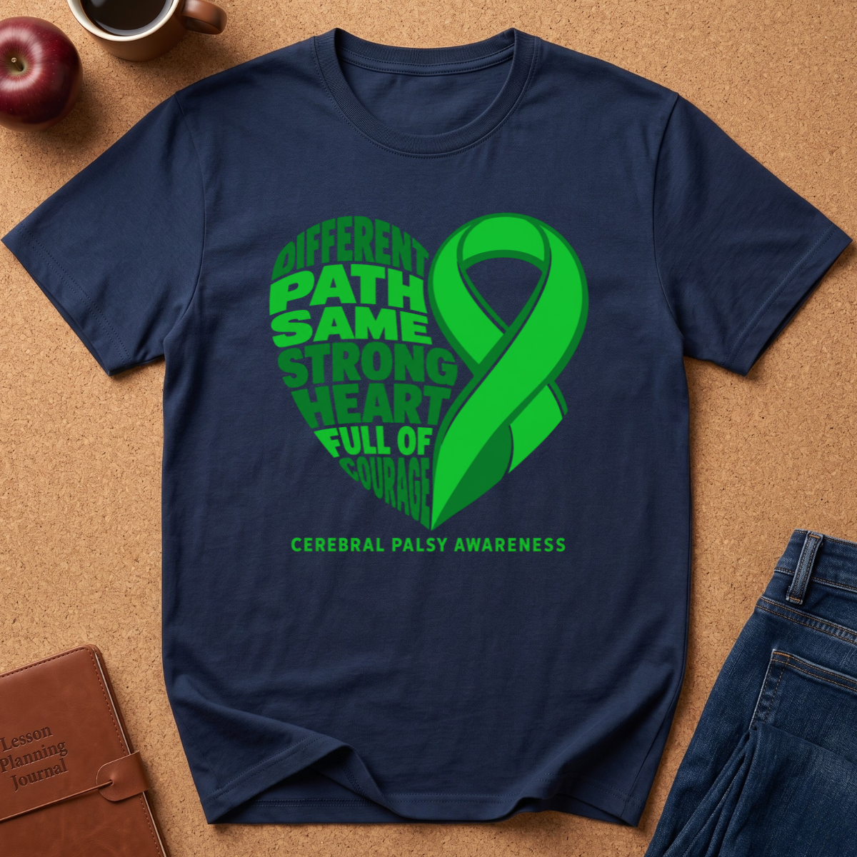 A navy blue crewneck t-shirt with a green graphic for Cerebral Palsy Awareness, laid flat on a brown cork background with lifestyle props including an apple, a coffee mug, and jeans.
