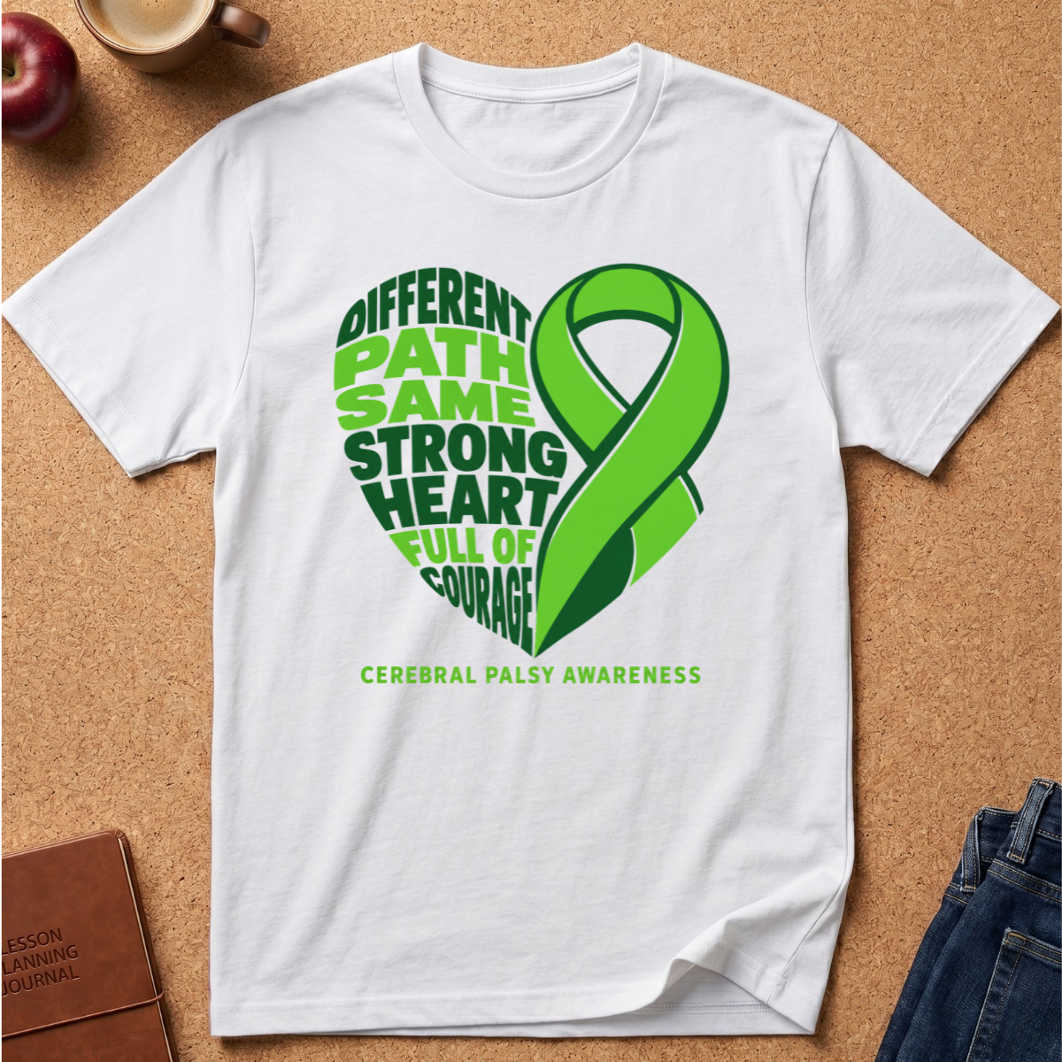 A white short-sleeve T-shirt laid flat on a cork surface, featuring a green awareness ribbon and the words 'Different Path Same Strong Heart Full of Courage' with 'Cerebral Palsy Awareness' printed below. Partial props including an apple, a cup, a journal, and jeans are visible around the shirt.