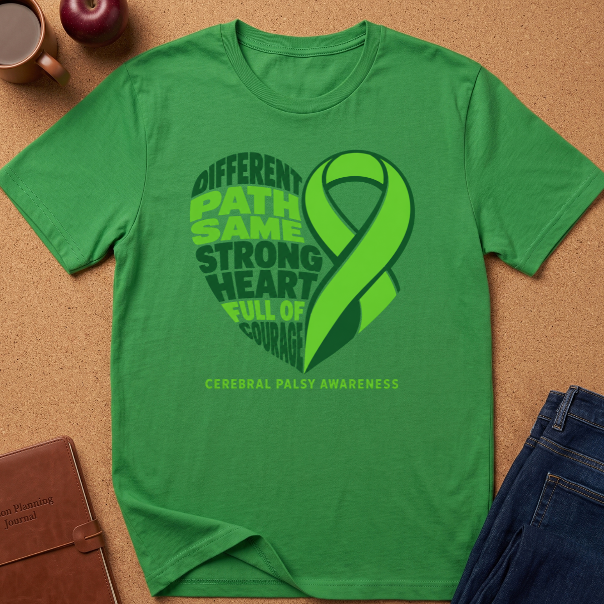 A green short-sleeve T-shirt laid flat on a cork surface, featuring a large bright green awareness ribbon and layered text reading 'Different Path Same Strong Heart Full of Courage' with 'Cerebral Palsy Awareness' below. A coffee mug, apple, journal, and jeans are partially visible around it as styling props.