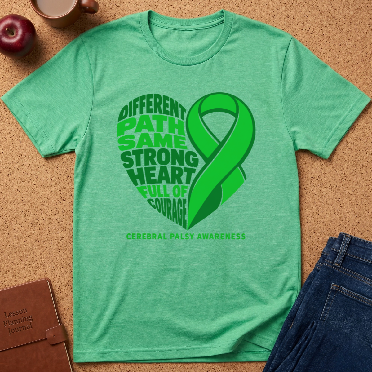 A mint green heathered t-shirt laid flat on a cork background, featuring a green ribbon and heart graphic with the text 'Different Path Same Strong Heart Full of Courage' and 'Cerebral Palsy Awareness.' Props including an apple, coffee cup, brown journal, and blue jeans are partially visible around the shirt.