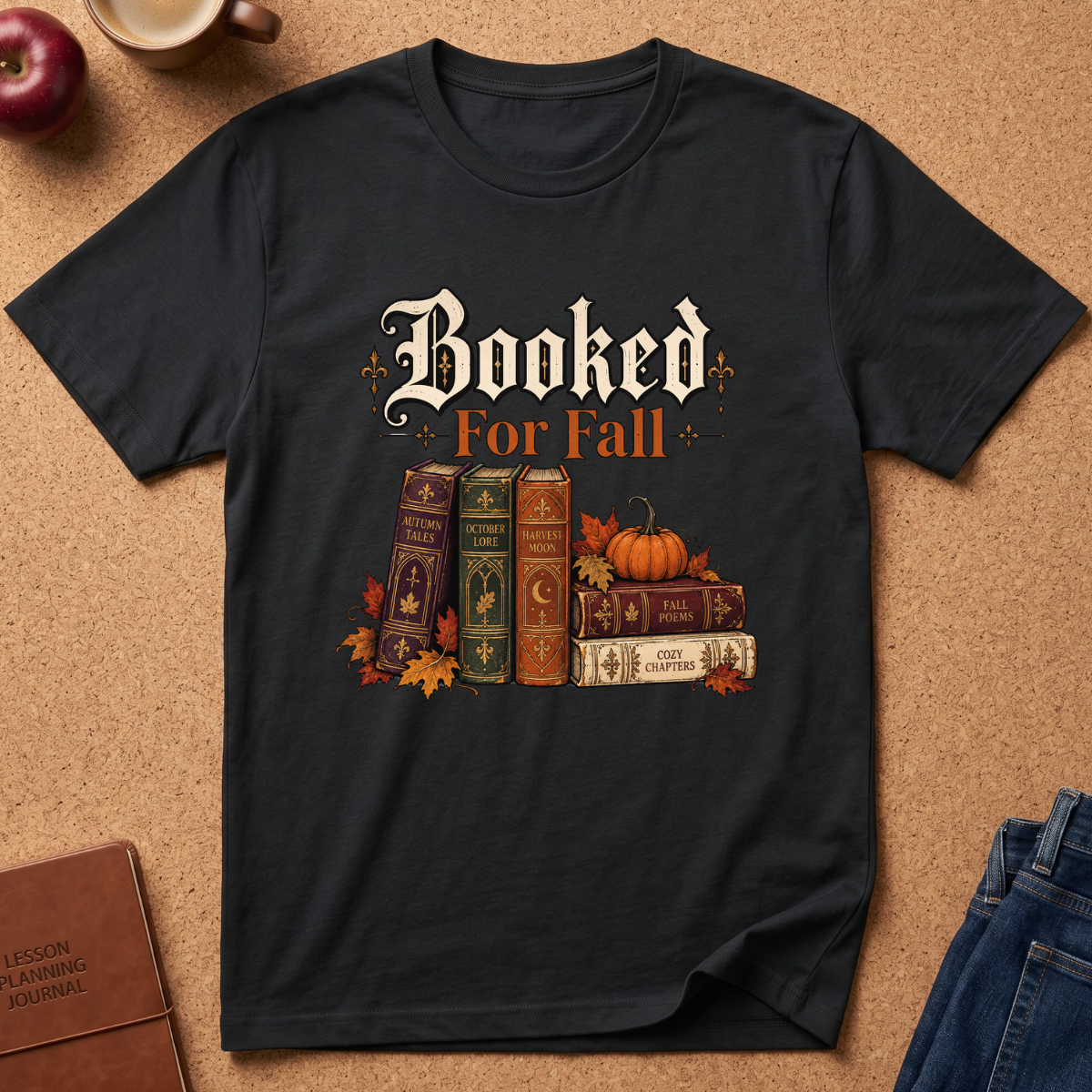 A black short-sleeve graphic T-shirt laid flat on a cork-like surface, featuring the phrase 'Booked For Fall' above a stack of vintage books, pumpkins, and autumn leaves. Partial props around the shirt include a mug, apple, journal, and jeans.