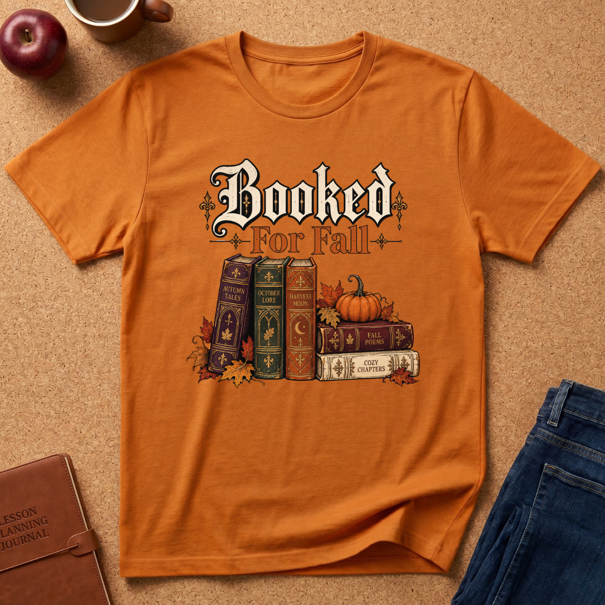 An orange graphic t-shirt laid flat on a cork surface, featuring the text 'Booked For Fall' above an illustration of vintage books, pumpkins, and autumn leaves. Styled flat-lay props include an apple, a mug, a notebook, and blue jeans.
