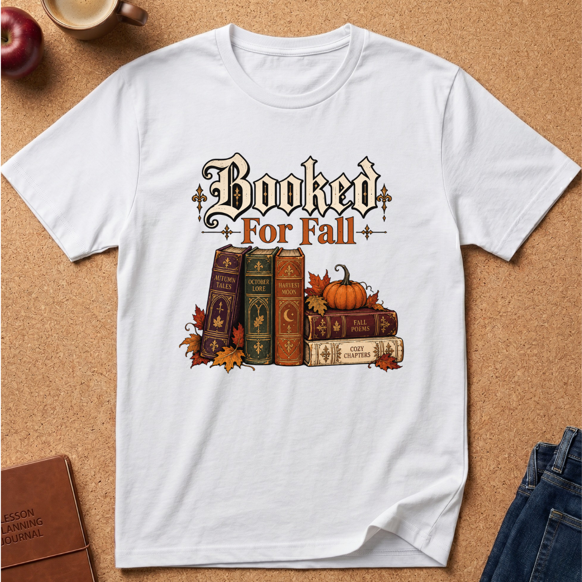 A white short-sleeve graphic T-shirt laid flat on a cork background, featuring the phrase 'Booked For Fall' above a stack of vintage books, pumpkins, and autumn leaves. Partial props around the edges include an apple, a mug, a journal, and jeans.