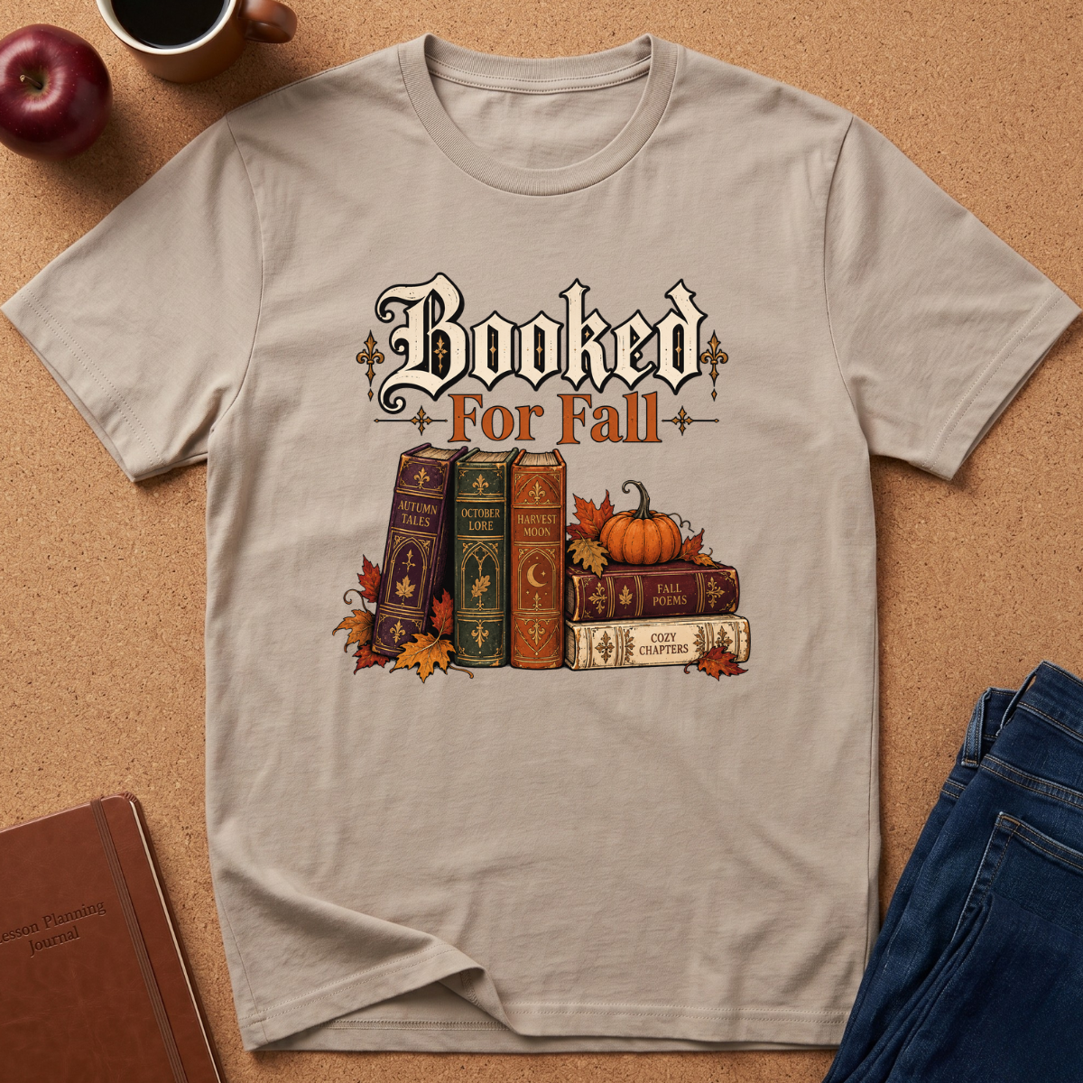 A light beige graphic t-shirt laid flat on a cork background, featuring a 'Booked For Fall' design with vintage books, pumpkins, and autumn leaves. Styled flat-lay props include an apple, coffee cup, and blue jeans.