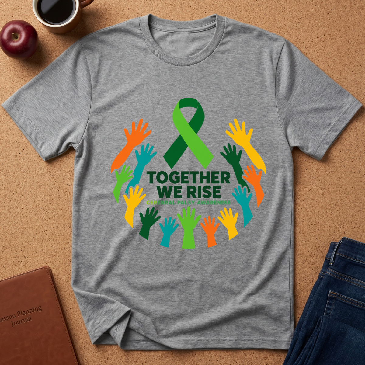 A heather gray short-sleeve T-shirt laid flat on a cork surface, featuring a green awareness ribbon and the words 'TOGETHER WE RISE' with colorful raised hands around the design. A coffee mug, apple, notebook, and jeans are partially visible around it as styling props.