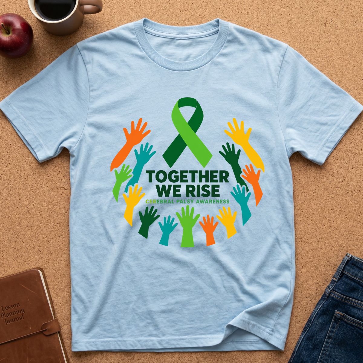 A light blue short-sleeve t-shirt laid flat on a cork surface, featuring a green awareness ribbon and the words 'TOGETHER WE RISE' with colorful raised hands around the text. An apple, coffee mug, notebook, and jeans are partially visible around it as styling props.