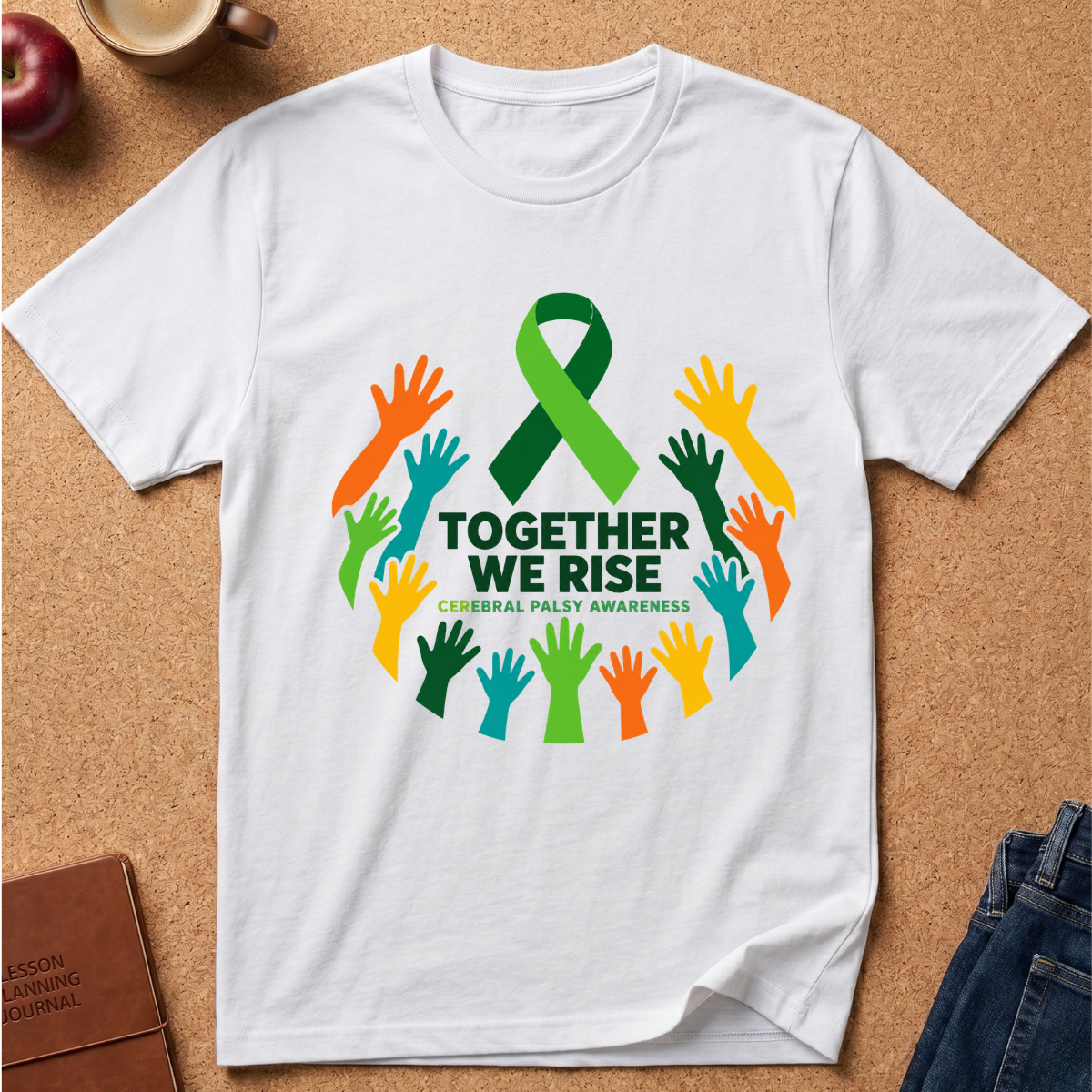 A white short-sleeve T-shirt laid flat on a cork surface, featuring a colorful awareness graphic with a green ribbon, multicolored raised hands, and the text 'TOGETHER WE RISE' and 'CEBERRAL PALSY AWARENESS.' Partial props like an apple, a mug, a journal, and jeans are visible around the shirt.
