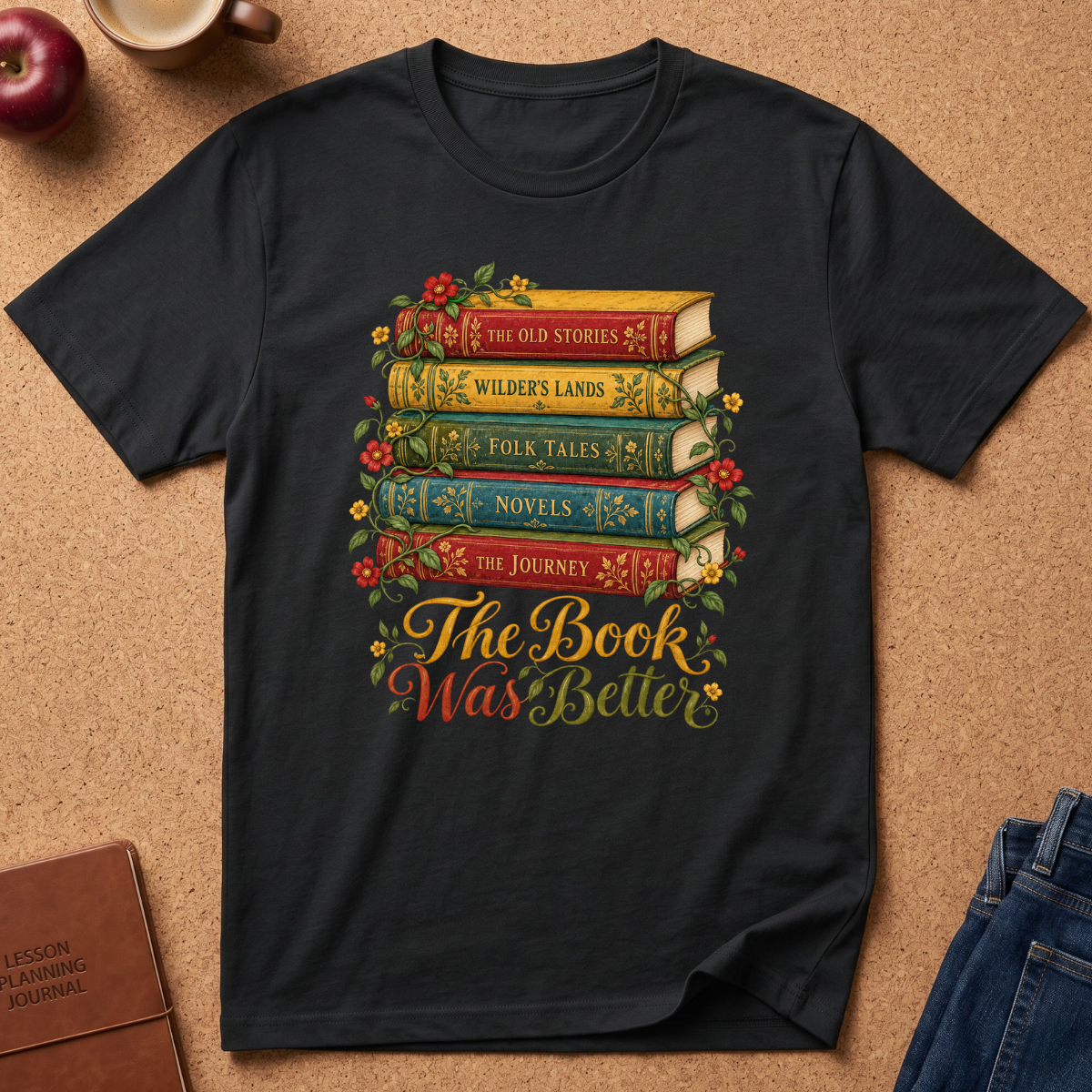 A black short-sleeve graphic t-shirt laid flat on a cork background, featuring a colorful illustration of five stacked books with flowers and the phrase 'The Book Was Better' in gold script. Styled flat-lay props include an apple, a mug, a journal, and jeans.