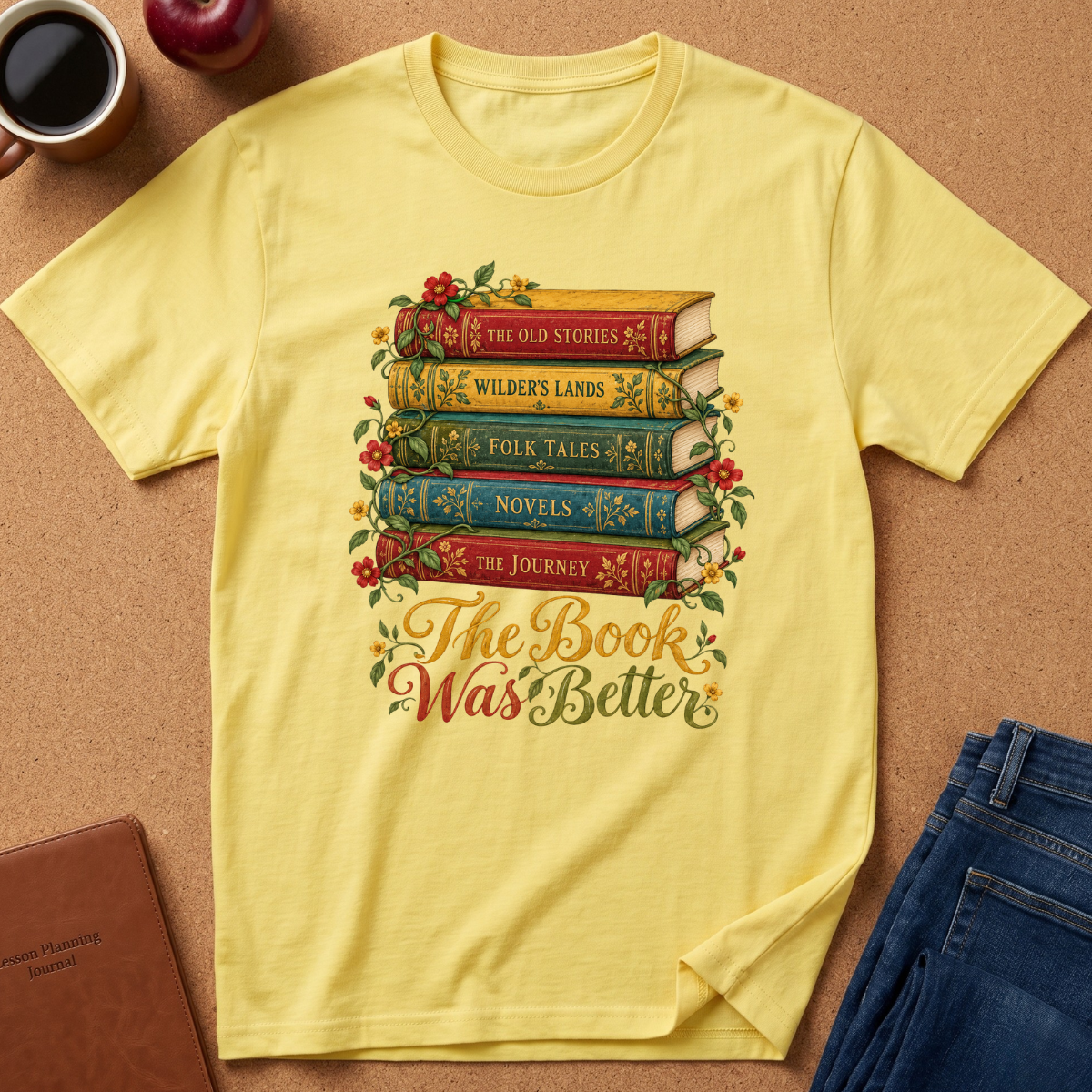 A pale yellow short-sleeve T-shirt laid flat on a cork-like surface, featuring a colorful graphic of stacked books with floral details and the phrase 'The Book Was Better.' Surrounding props include a coffee cup, apple, notebook, and folded jeans.