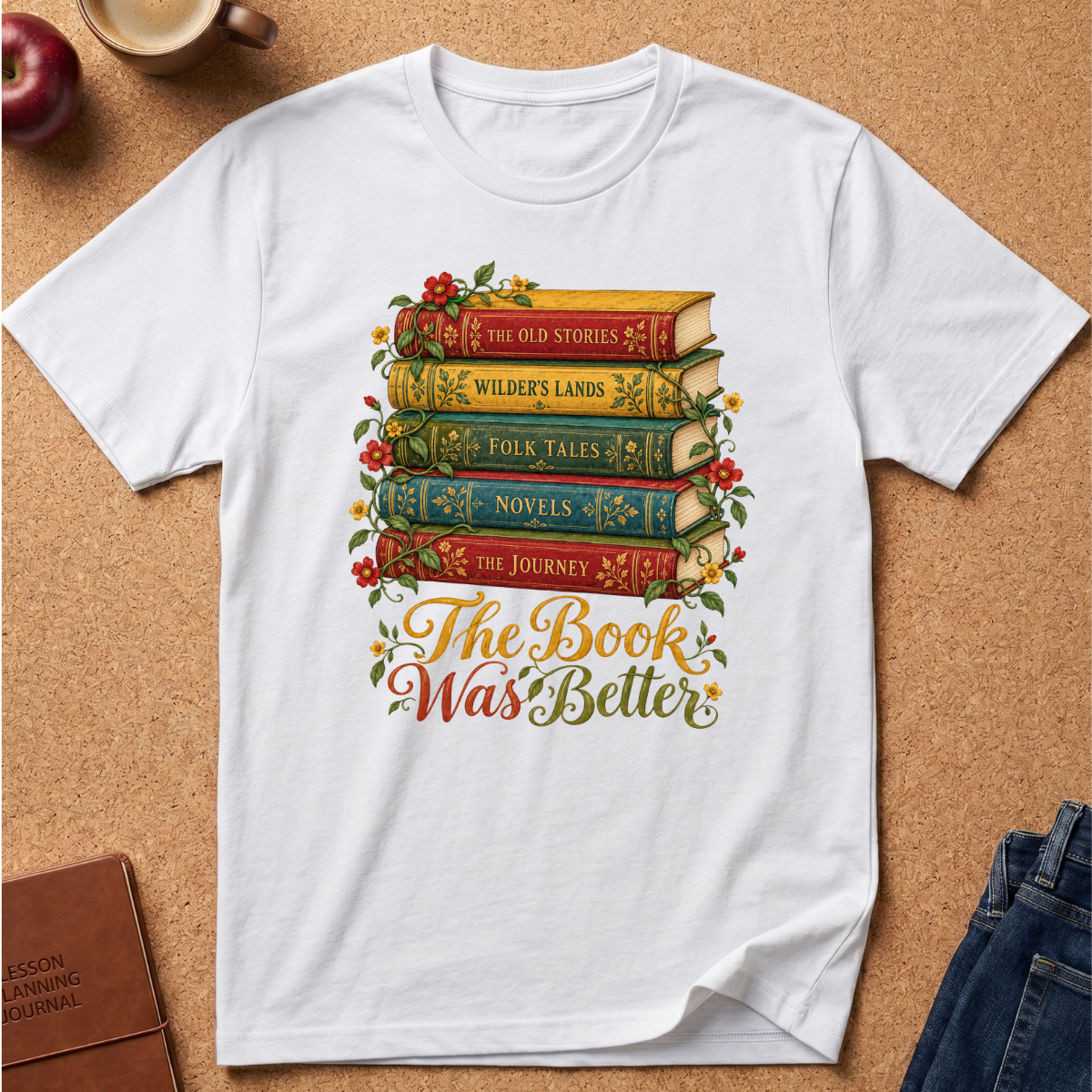 A white short-sleeve T-shirt laid flat on a cork surface, featuring a colorful graphic of stacked books with flowers and the phrase 'The Book Was Better' in decorative lettering. Partial props around the shirt include an apple, a mug, a journal, and folded jeans.