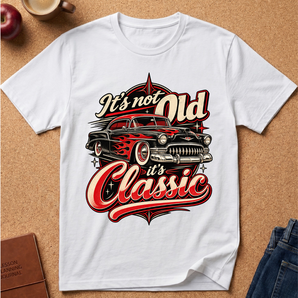 A white short-sleeve graphic T-shirt laid flat on a cork background, featuring a vintage car illustration and the text 'It's not Old it's Classic' in red, cream, and black. Partial props including an apple, coffee cup, journal, and jeans are visible around the shirt.