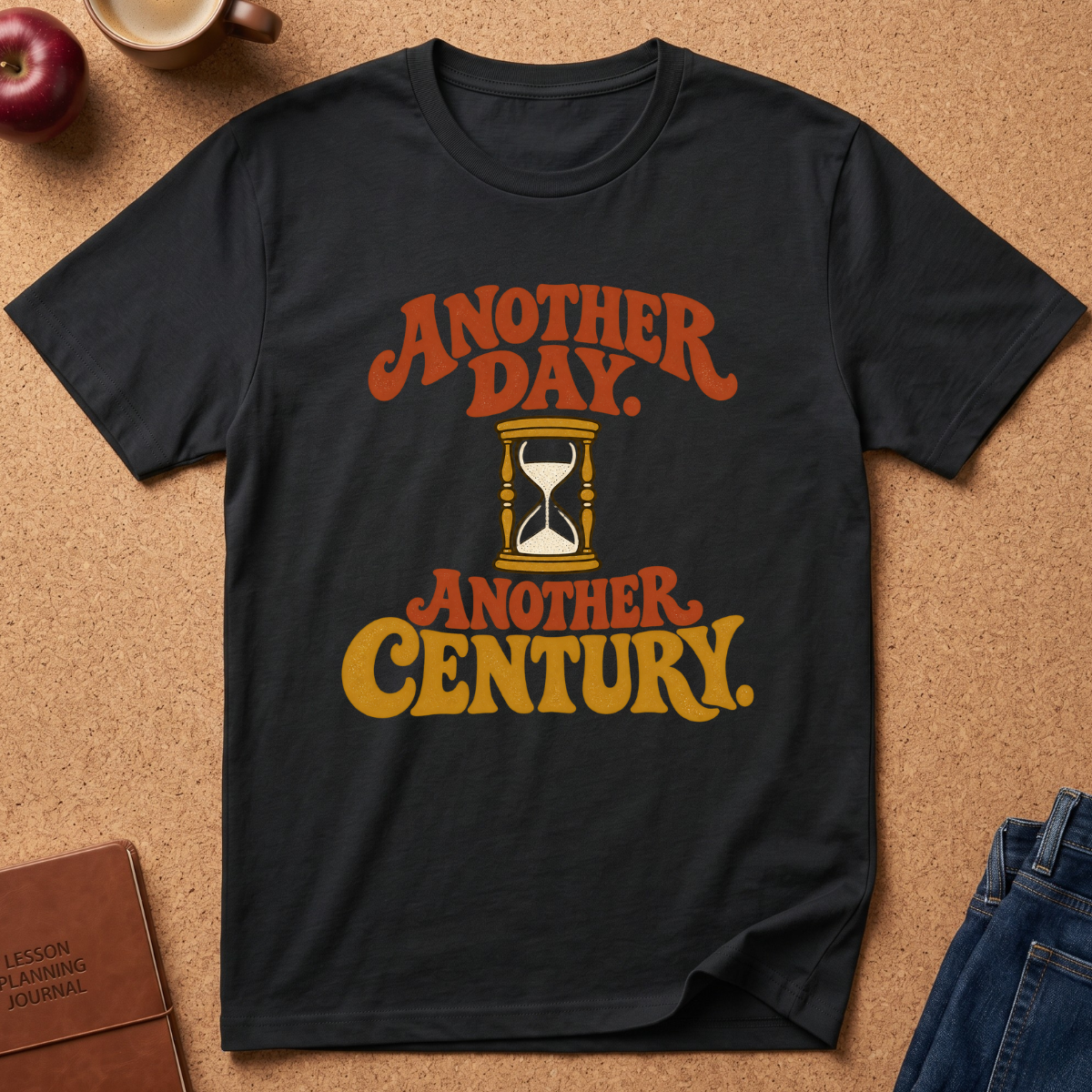 A black graphic t-shirt laid flat on a cork background, featuring retro orange and yellow text that reads 'ANOTHER DAY. ANOTHER CENTURY.