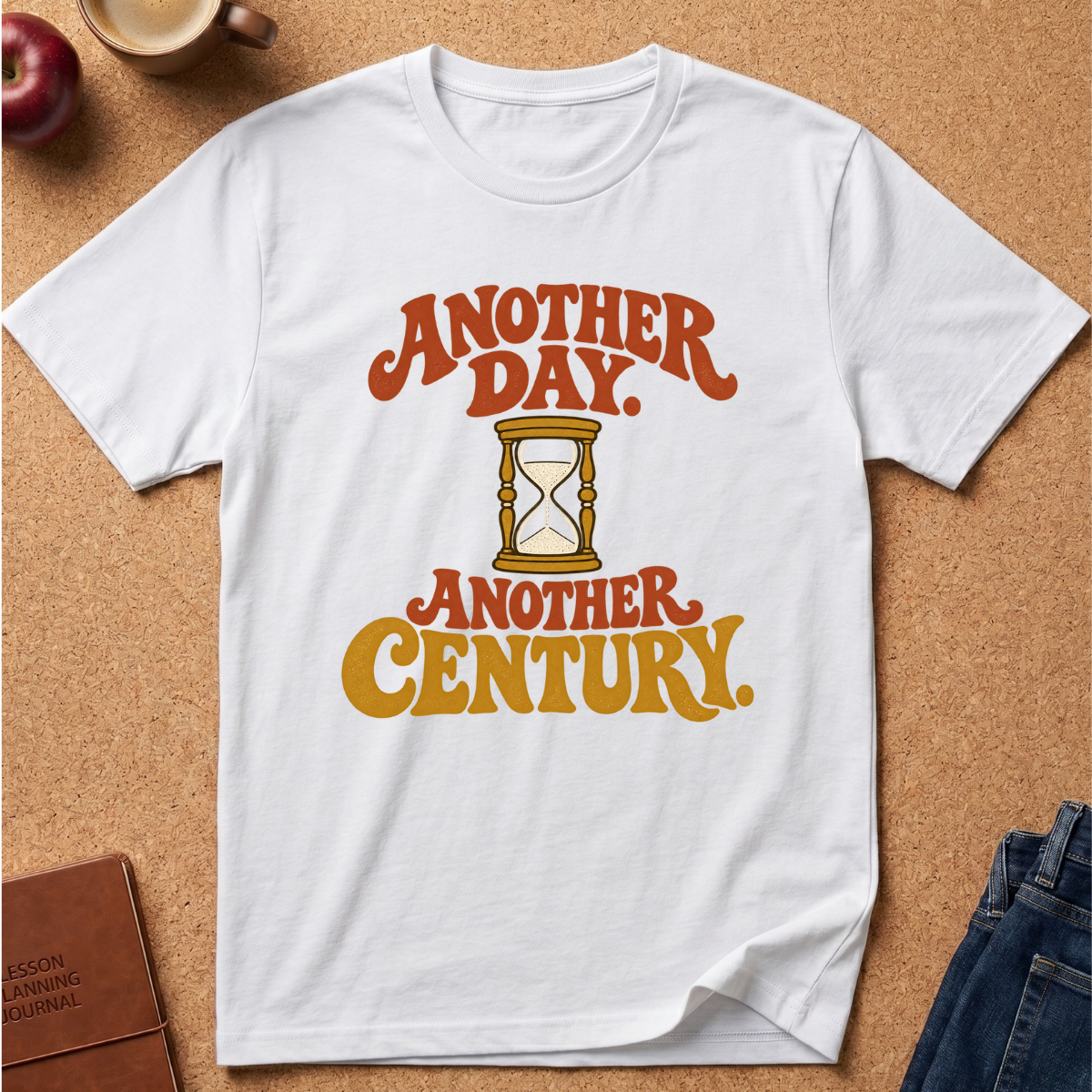 A white short-sleeve T-shirt laid flat on a cork background, featuring a retro-style graphic that reads 'ANOTHER DAY. ANOTHER CENTURY.