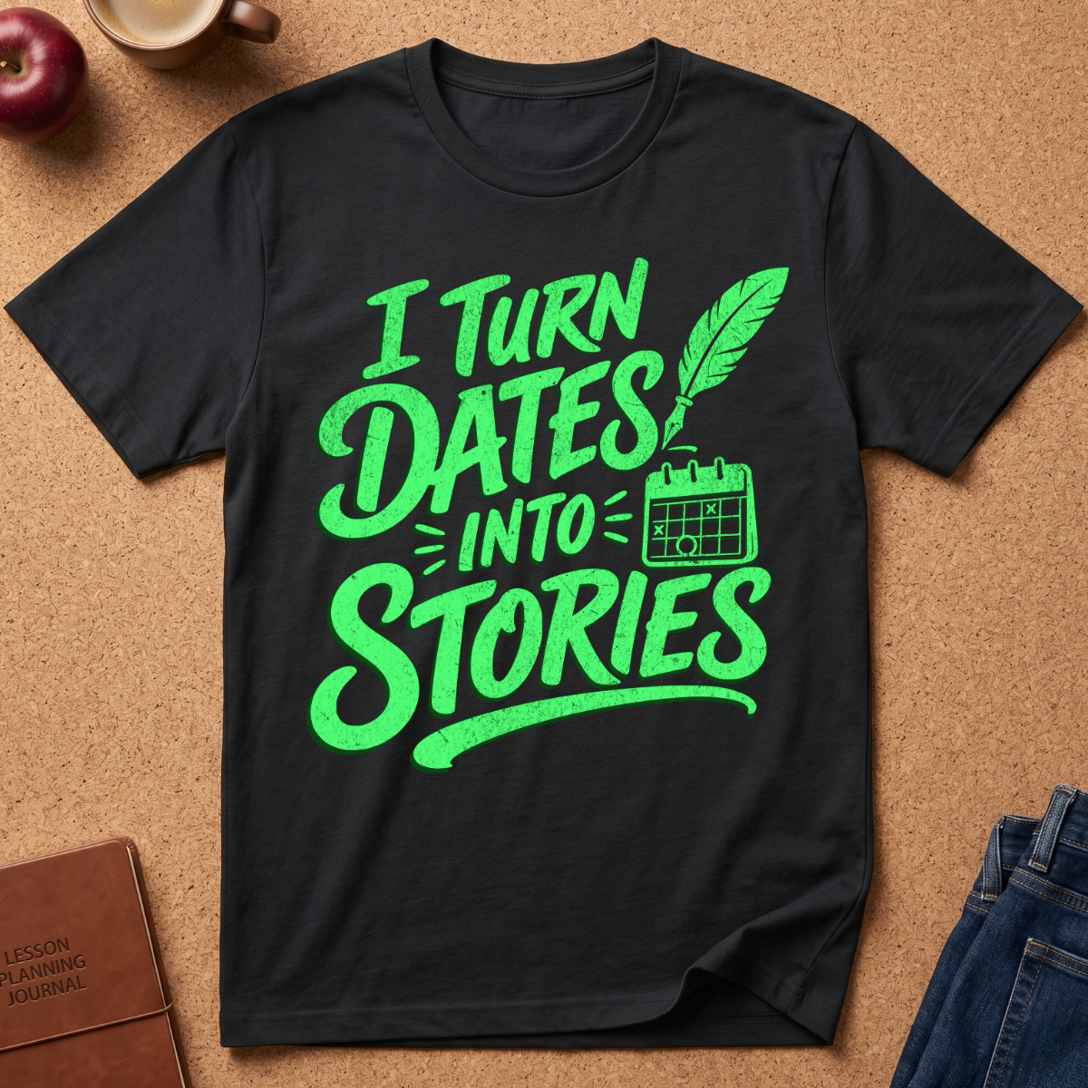 A black short-sleeve graphic T-shirt laid flat on a cork surface, featuring bright green text that reads 'I TURN DATES INTO STORIES' with a feather and calendar illustration. Styled flat-lay props include an apple, a mug, a journal, and folded blue jeans.