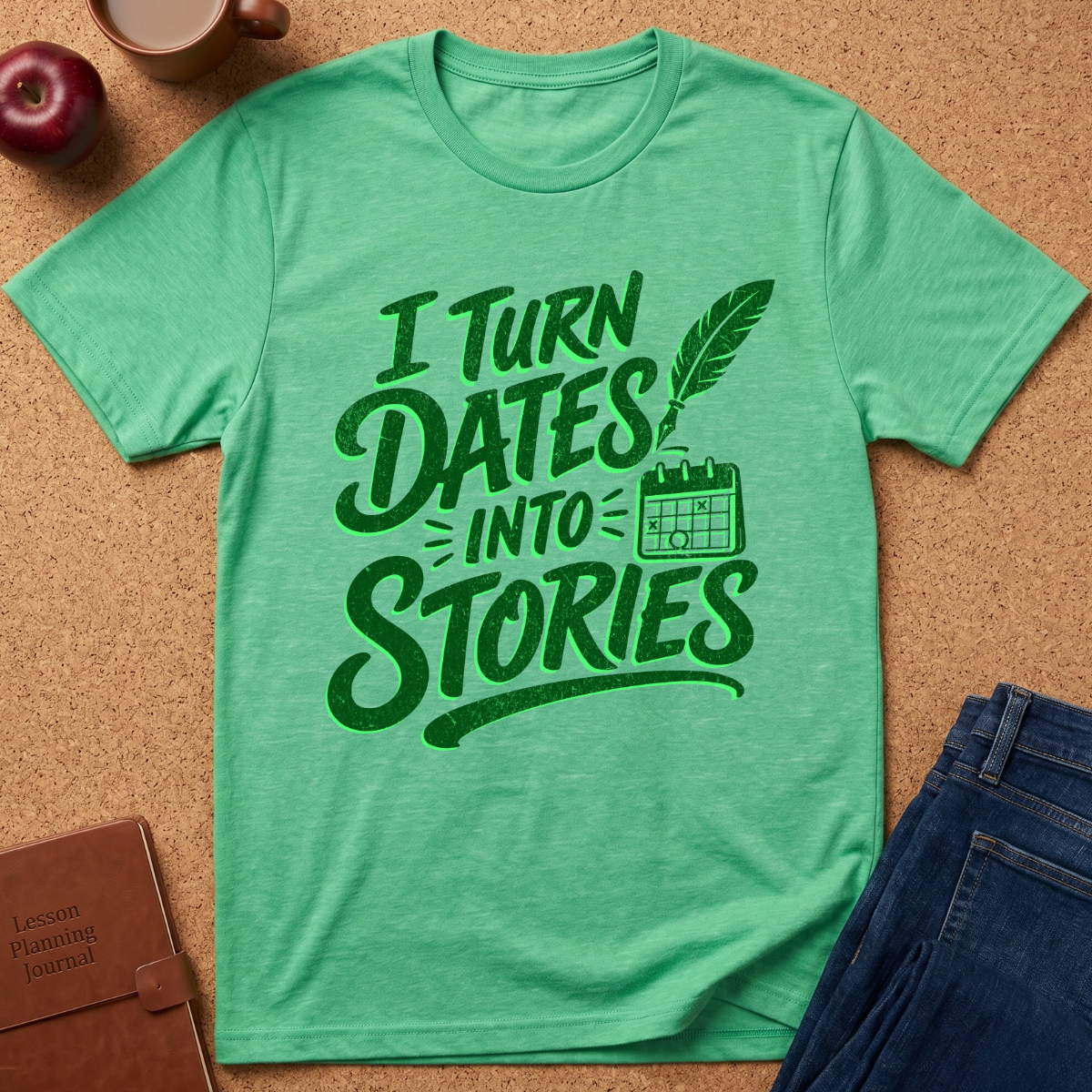 A green heather short-sleeve t-shirt with a dark green graphic that reads 'I TURN DATES INTO STORIES' with a feather quill and calendar icon, laid flat on a cork background with props including an apple, coffee cup, notebook, and jeans.