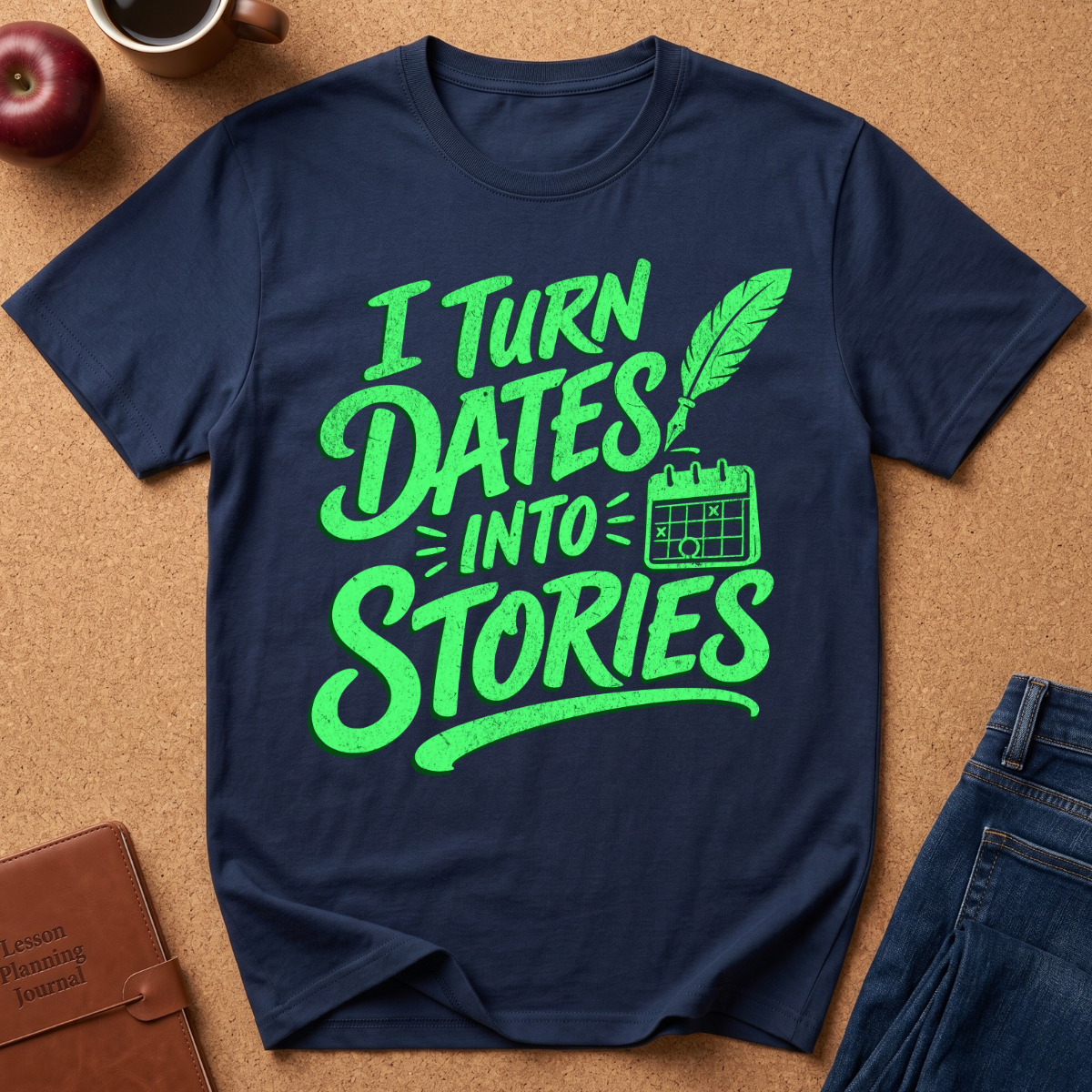 A navy blue graphic t-shirt with bright green text reading 'I TURN DATES INTO STORIES' and a feather quill and calendar design, shown in a flat-lay arrangement on a cork background with an apple, coffee cup, journal, and jeans nearby.