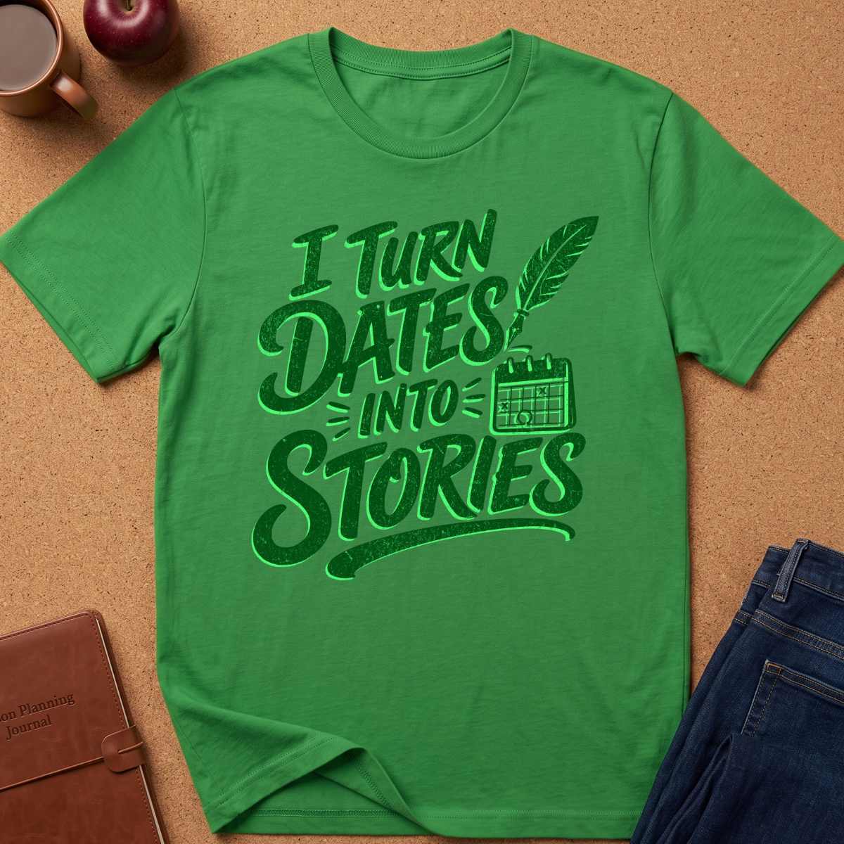 A bright green short-sleeve t-shirt with a dark green graphic reading 'I TURN DATES INTO STORIES' with a feather quill and calendar icon, laid flat on a cork surface with jeans, a mug, and an apple partially visible around it.