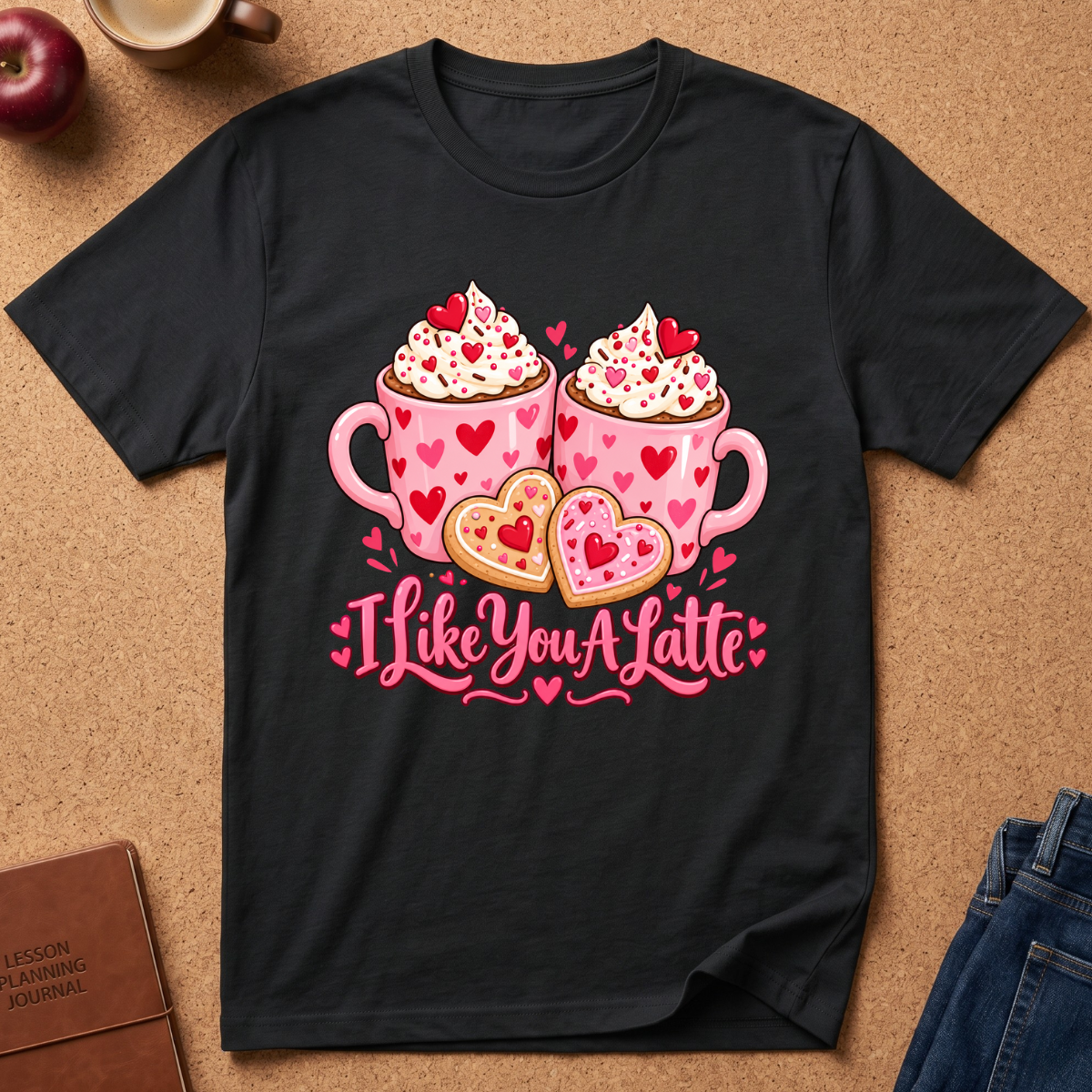 a Black short-sleeve T-shirt laid flat on a cork surface, featuring a colorful graphic of two pink heart-filled lattes in mugs, two heart cookies, and the phrase 'I Like You A Latte' in pink script.