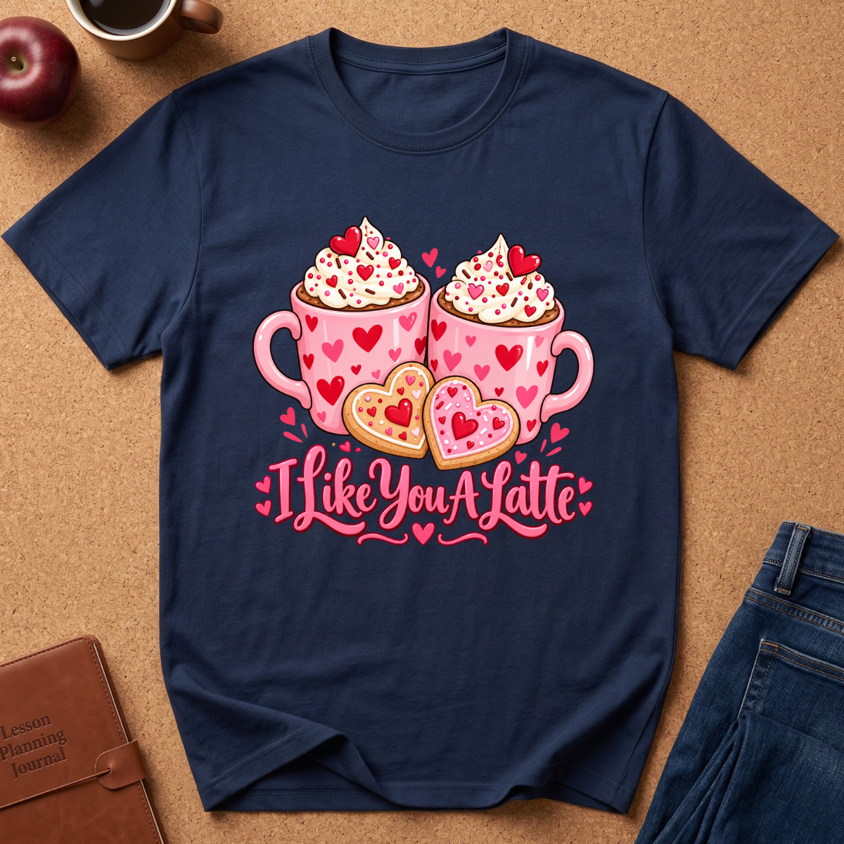 A navy blue short-sleeve t-shirt with a Valentine's Day graphic of two pink heart-patterned lattes, two heart cookies, and the text 'I Like You A Latte' in pink script. The shirt is displayed in a flat-lay arrangement on a cork background with an apple, a coffee cup, a journal, and jeans.